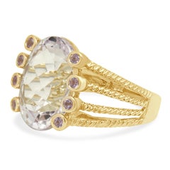 14K Yellow Gold Oval Kunzite and Round Pink Sapphire Split Shank Ring