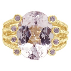14K Yellow Gold Oval Kunzite and Round Pink Sapphire Split Shank Ring