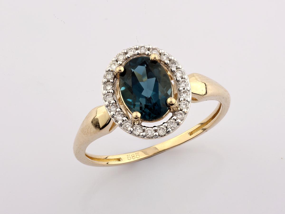 14K Yellow Gold Oval London Blue Topaz and Diamond Halo Ring For Sale ...