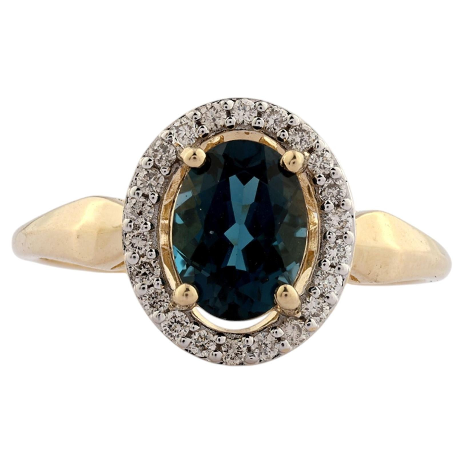 14K Gelbgold Oval Londoner Blautopas und Diamant Halo Ring
