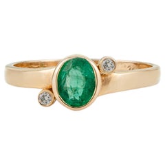 14K Yellow Gold Oval Natural Emerald & Diamond Bezel-Set Ring For Women