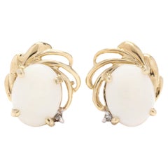 14k Yellow Gold Oval Opal and Diamond Accent Scalloped Stud Earrings