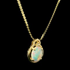14k Yellow Gold Oval Opal & Diamond Pendant on 18" S Link Chain Necklace