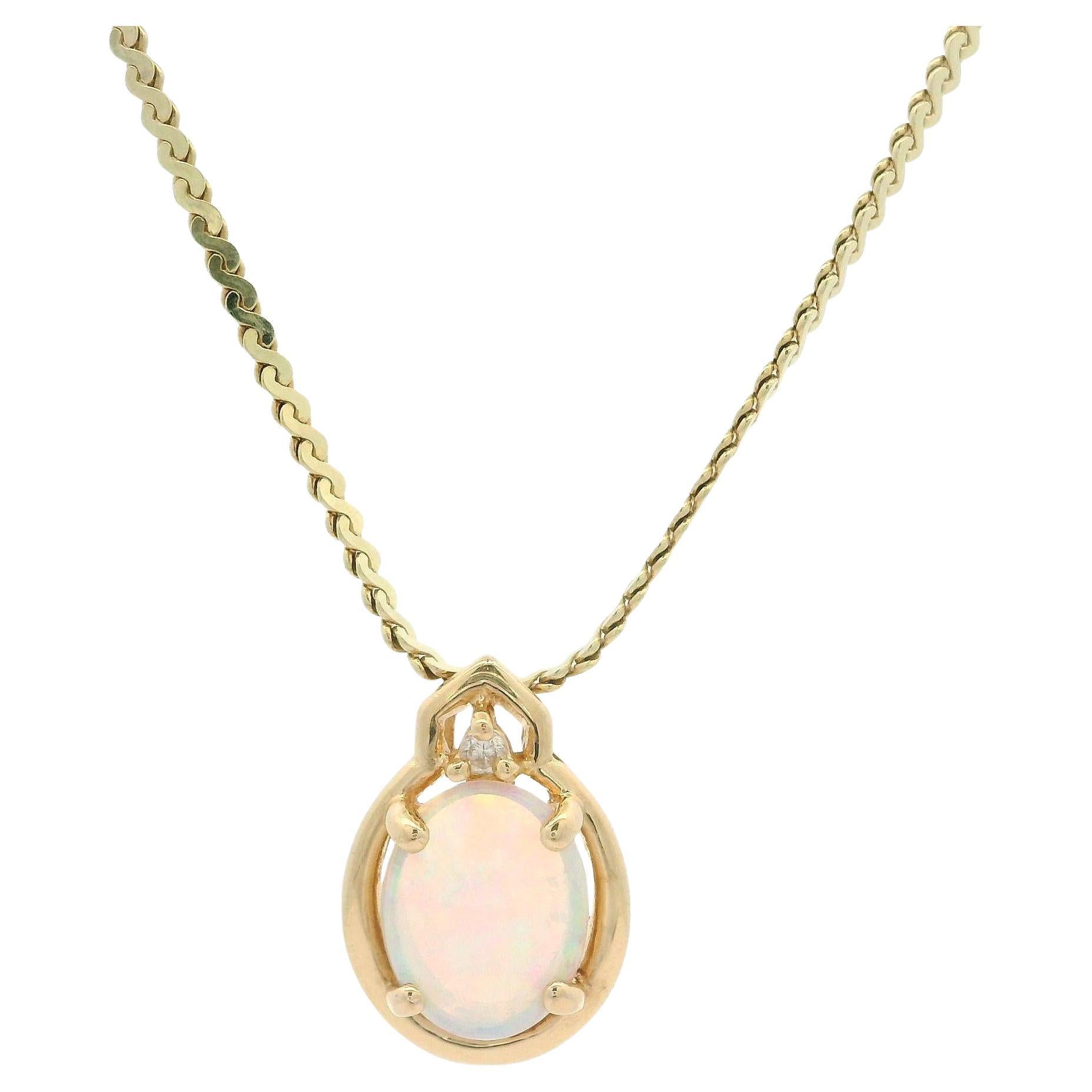 14k Yellow Gold Oval Opal & Diamond Pendant on 18" S Link Chain Necklace