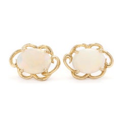 14k Yellow Gold Oval Opal Scalloped Stud Earrings