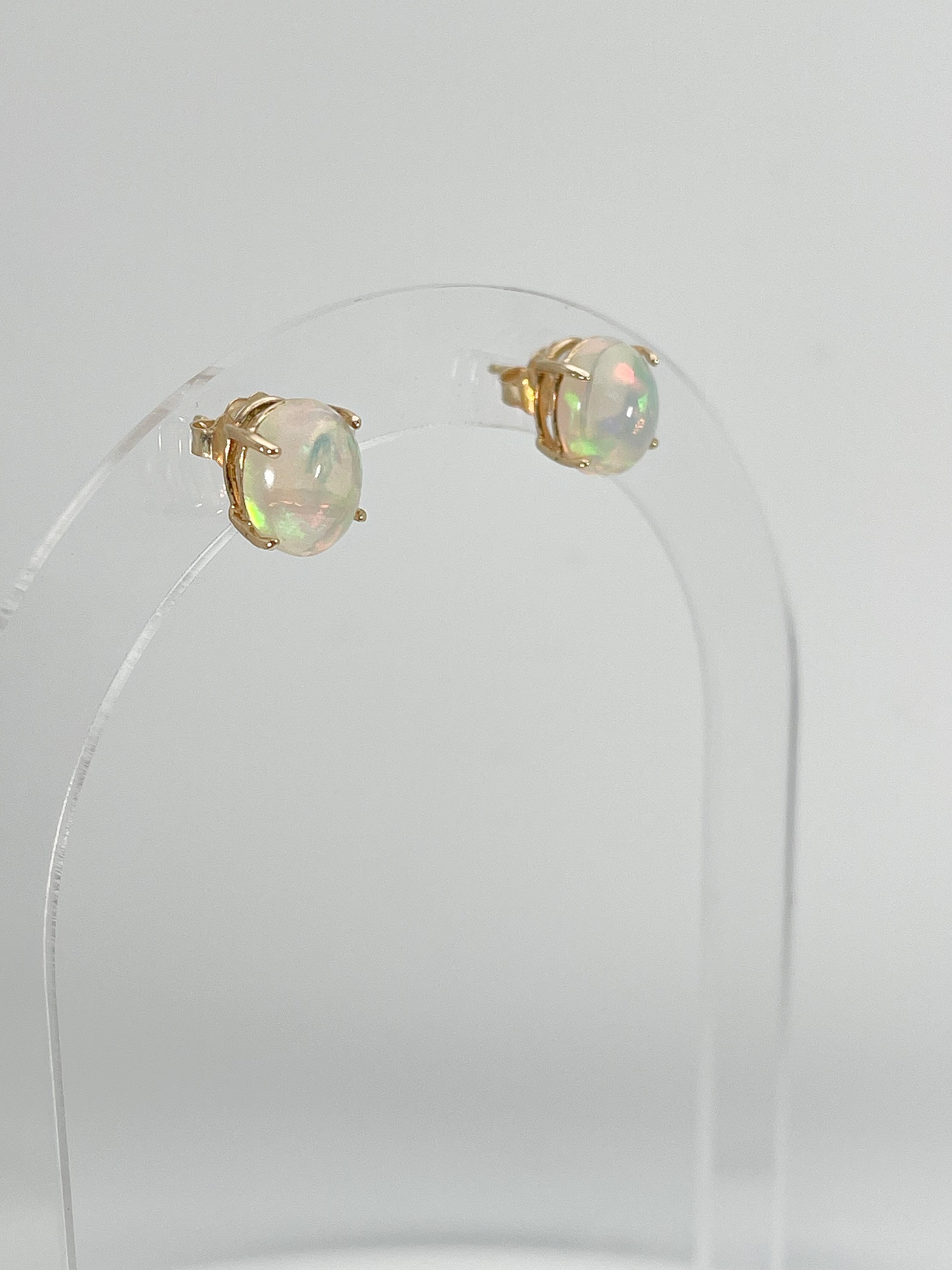 Oval Cut 14K Yellow Gold Oval Opal Stud Earrings For Sale
