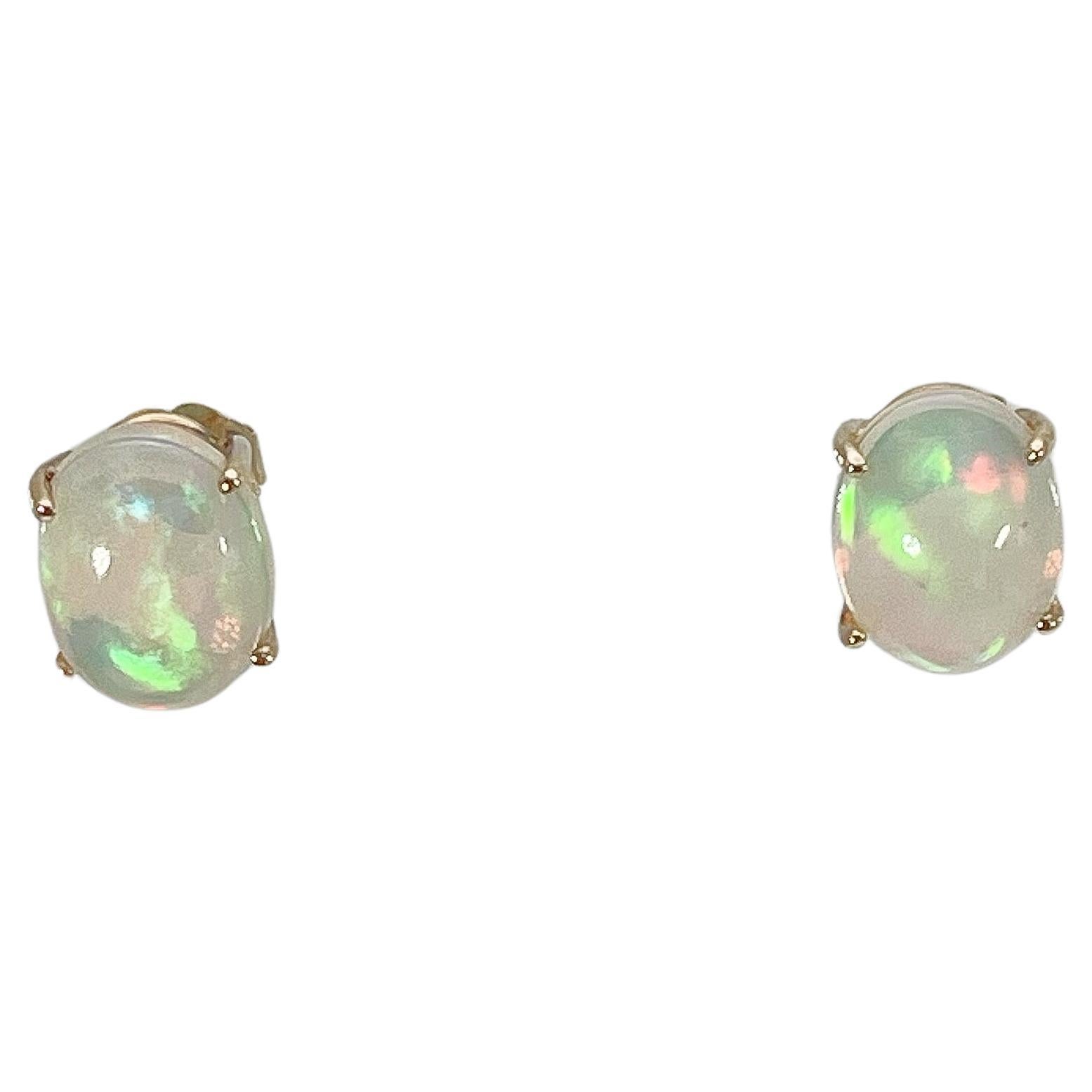 14K Yellow Gold Oval Opal Stud Earrings For Sale