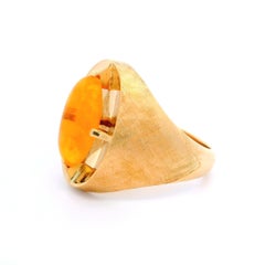 14k Yellow Gold Oval Orange Jelly Opal Florentine & Polished Statement Ring