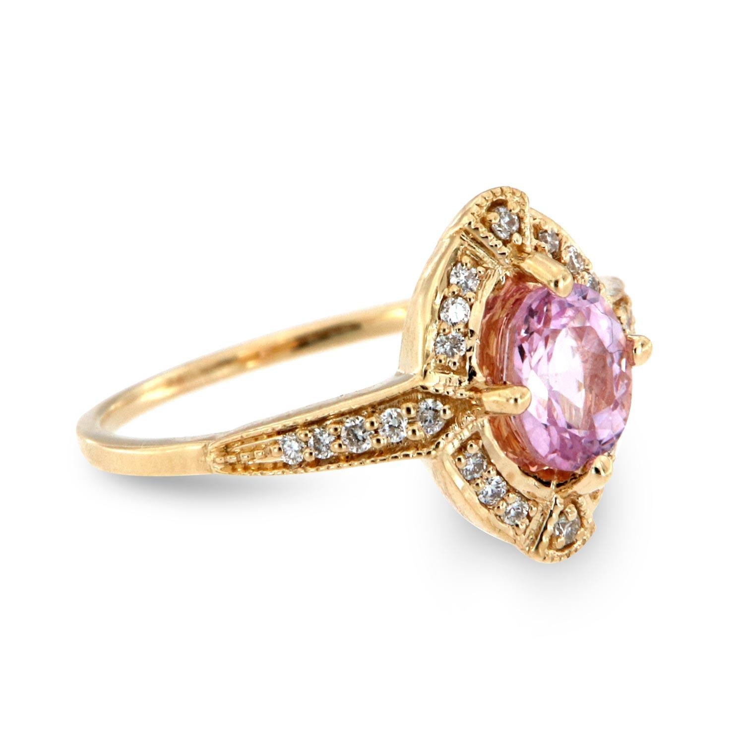 Oval Cut 14 Karat Yellow Gold Oval Pink Sapphire Halo Diamond Ring 'Center-1 Carat' For Sale