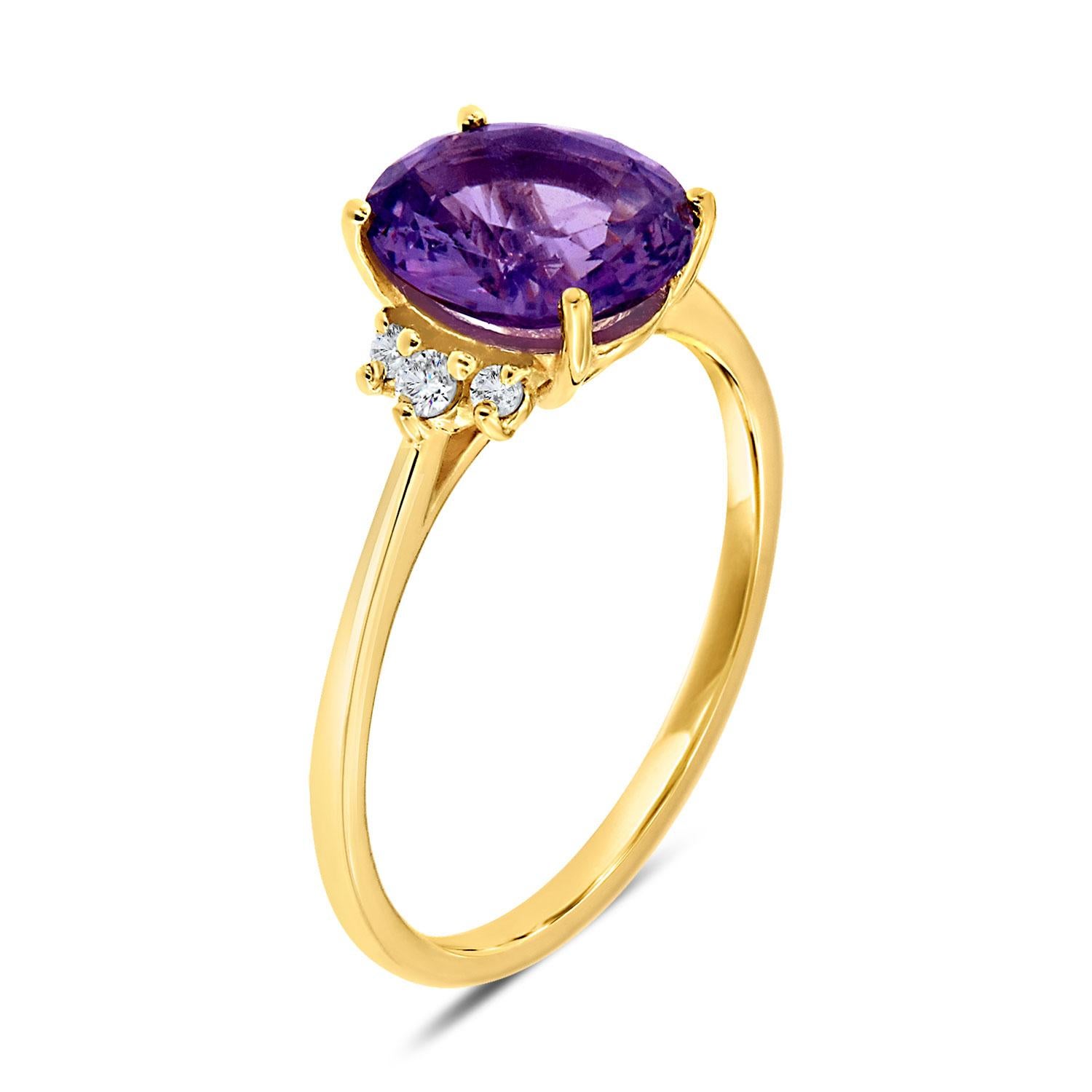 We love this delicate, organically designed ring that features an impressive, perfectly shaped 2.11 Carat Oval-Shaped Unheated Vibrant Pinkish Purple natural Sapphire flanked by a crown of three round diamonds in a total weight of 0.05 Carat. The
