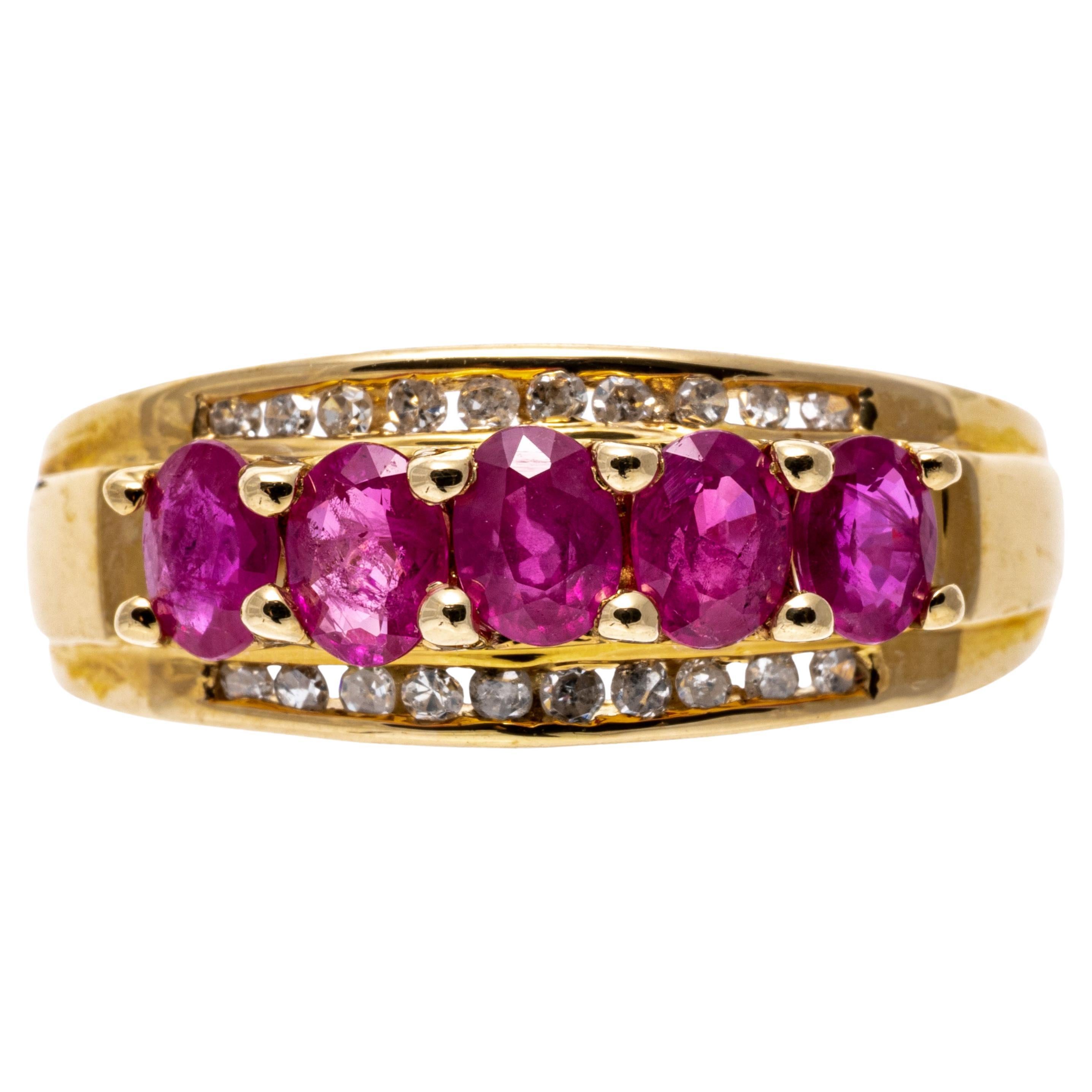 Bague jonc en or jaune 14 carats avec rubis ovale et diamants en canal en vente