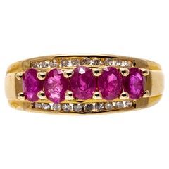 Retro 14k Yellow Gold Oval Ruby and Channel Diamond Band Ring