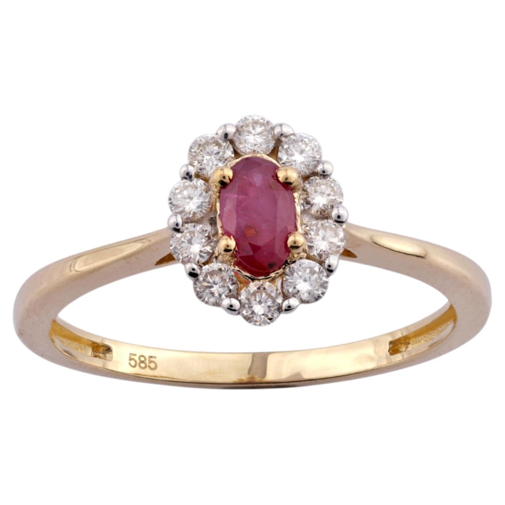 14K Yellow Gold Oval Ruby And Round Diamond Halo Ring