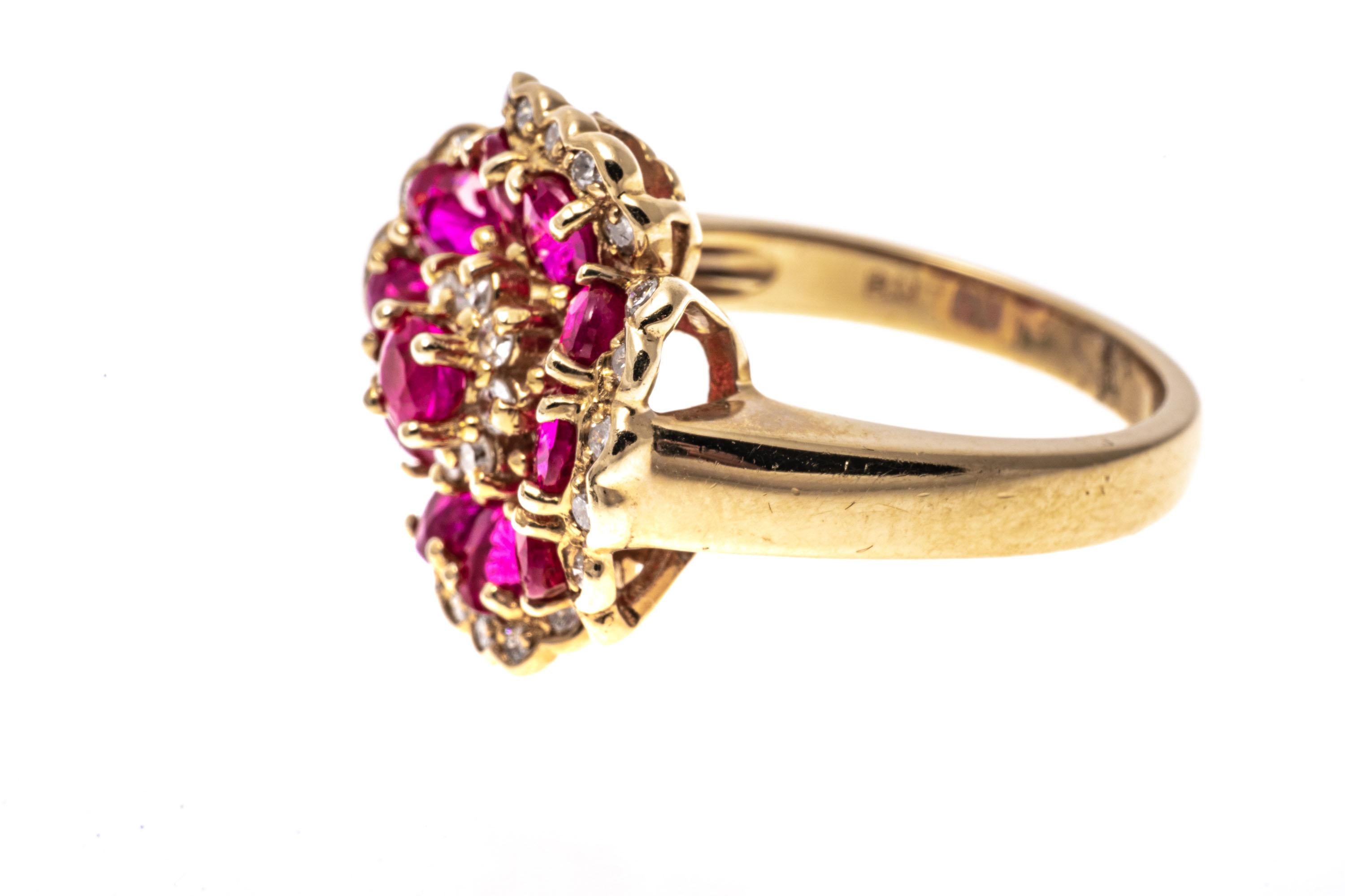 Oval Cut 14k Yellow Gold Oval Ruby Flower Motif Ring With Diamond Trim For Sale