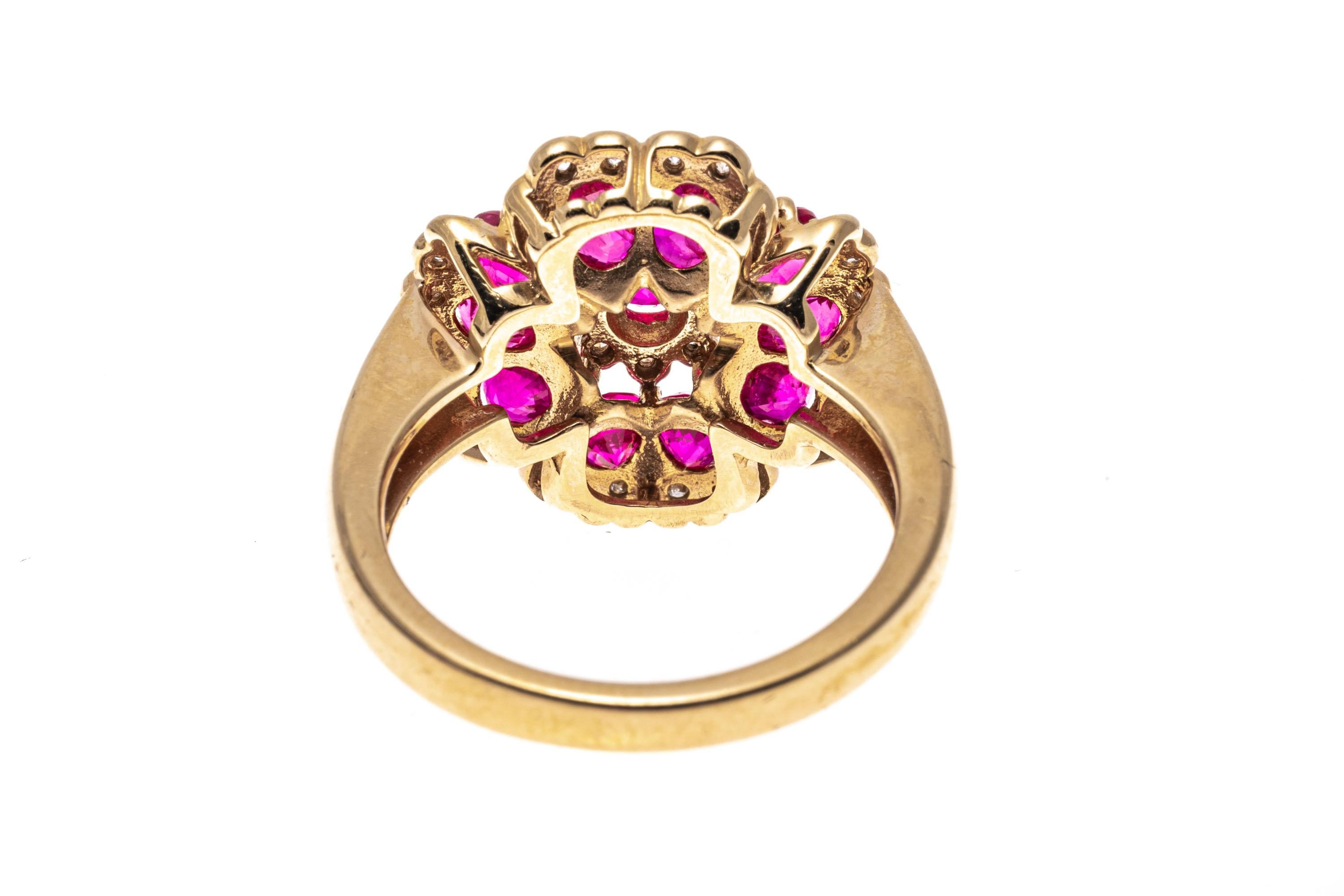14k Yellow Gold Oval Ruby Flower Motif Ring With Diamond Trim In Good Condition For Sale In Southport, CT