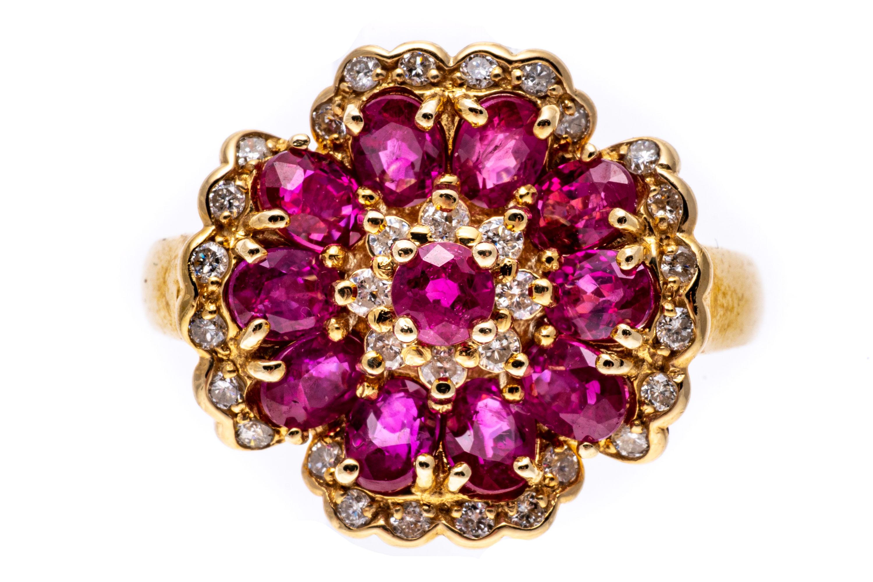 14k Yellow Gold Oval Ruby Flower Motif Ring With Diamond Trim For Sale 1