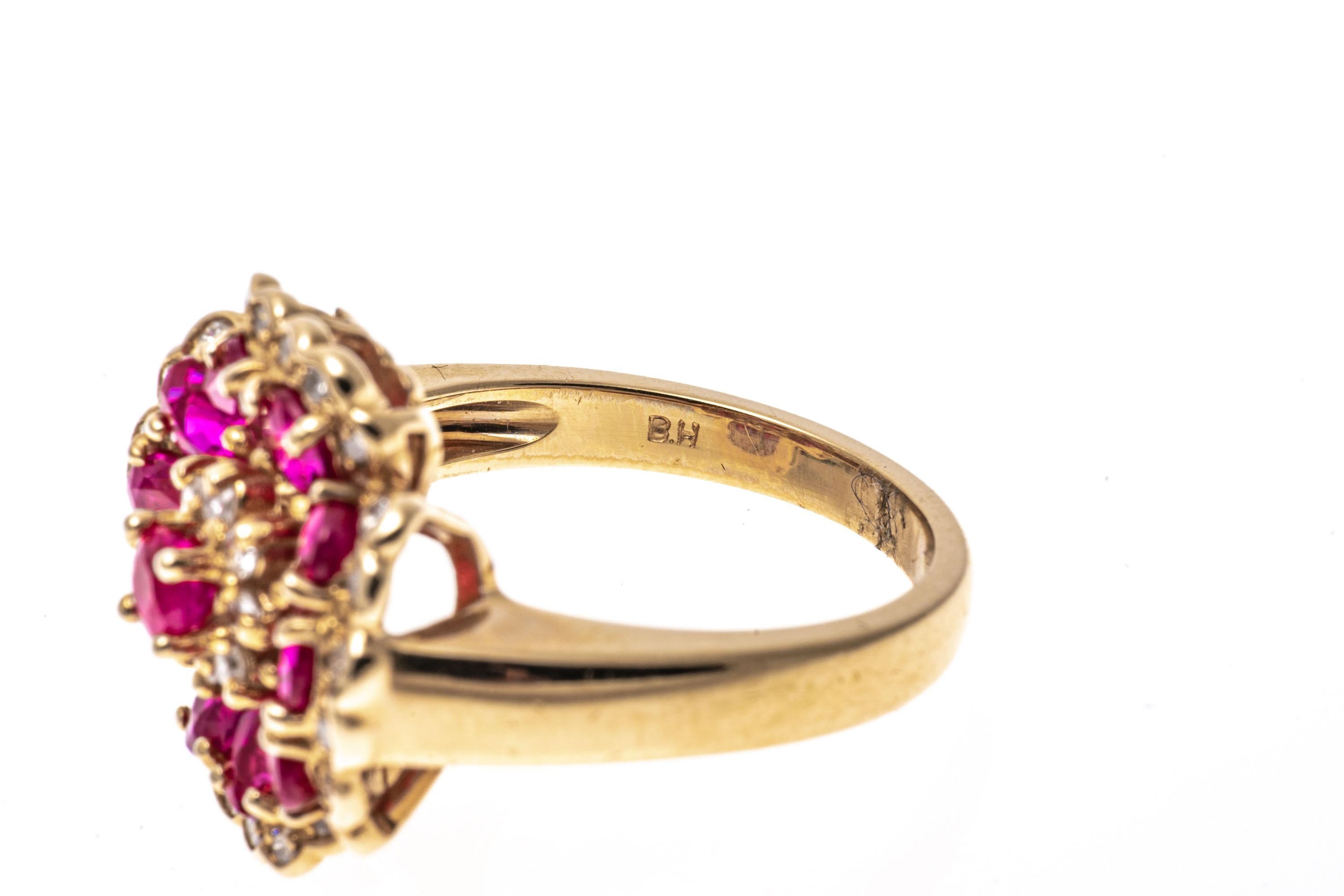 14k Yellow Gold Oval Ruby Flower Motif Ring With Diamond Trim For Sale 2