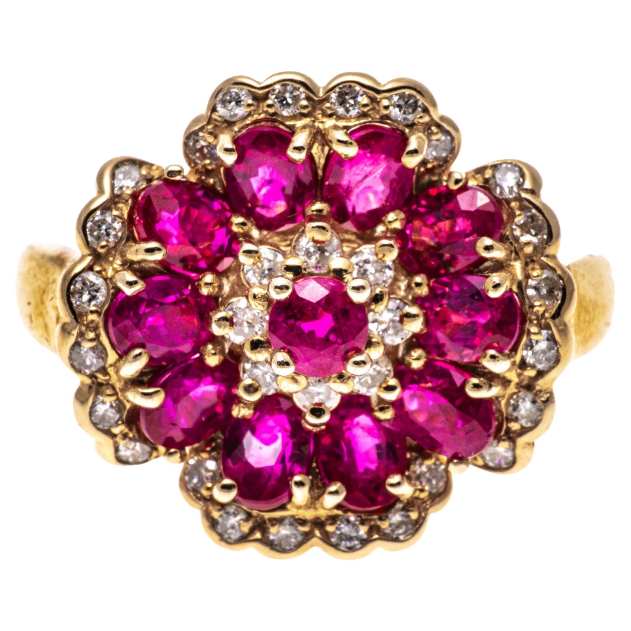 14k Yellow Gold Oval Ruby Flower Motif Ring With Diamond Trim For Sale