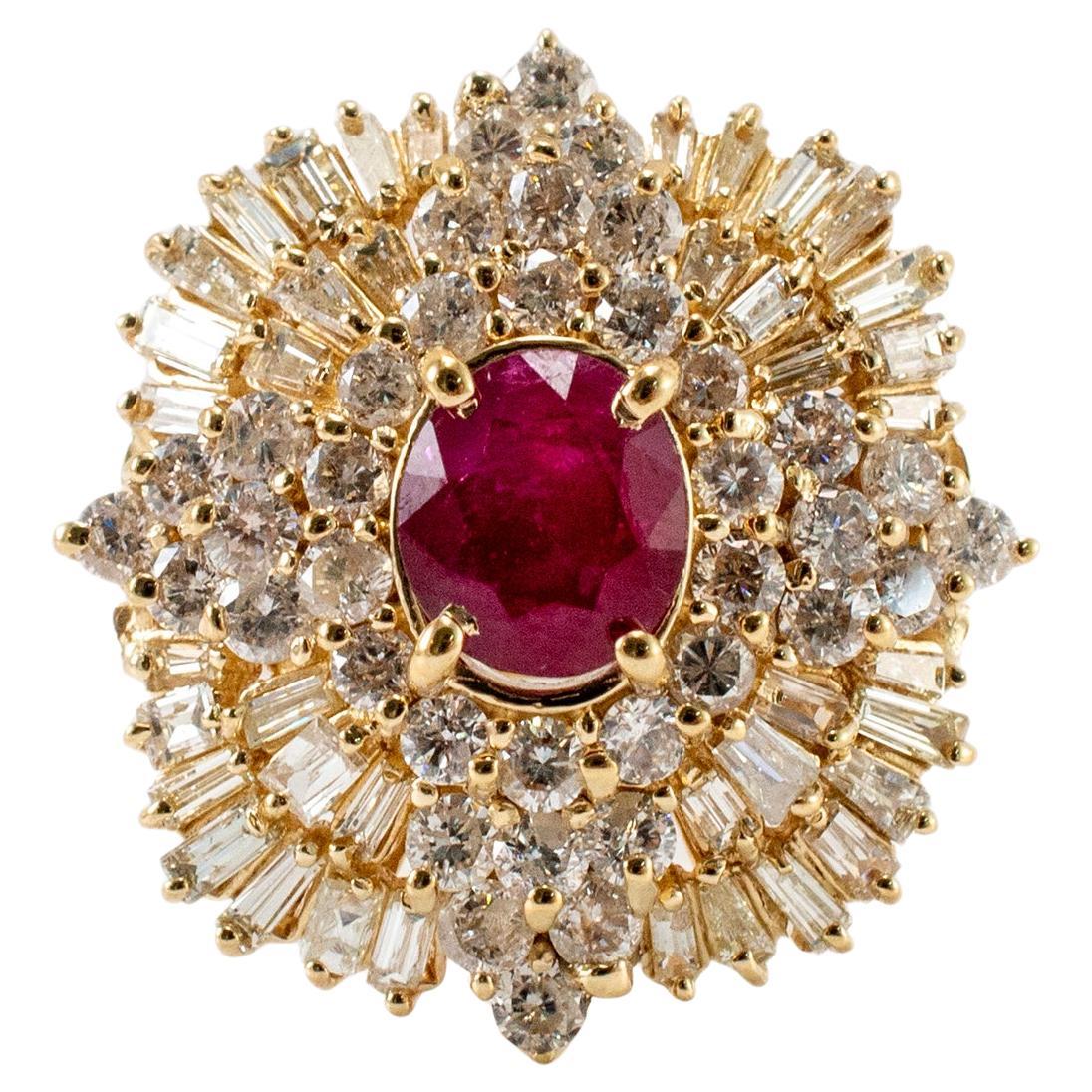 14K Yellow Gold Oval Ruby Halo Baguette & Round Diamond Ballerina Cocktail Ring