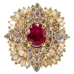 14K Yellow Gold Oval Ruby Halo Baguette & Round Diamond Ballerina Cocktail Ring