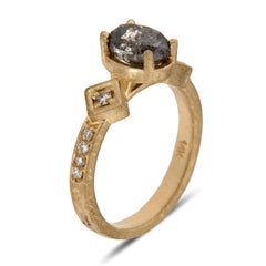 14 Karat Yellow Gold Oval Rustic Salt and Pepper Diamond Ring Center-1.44 Carat