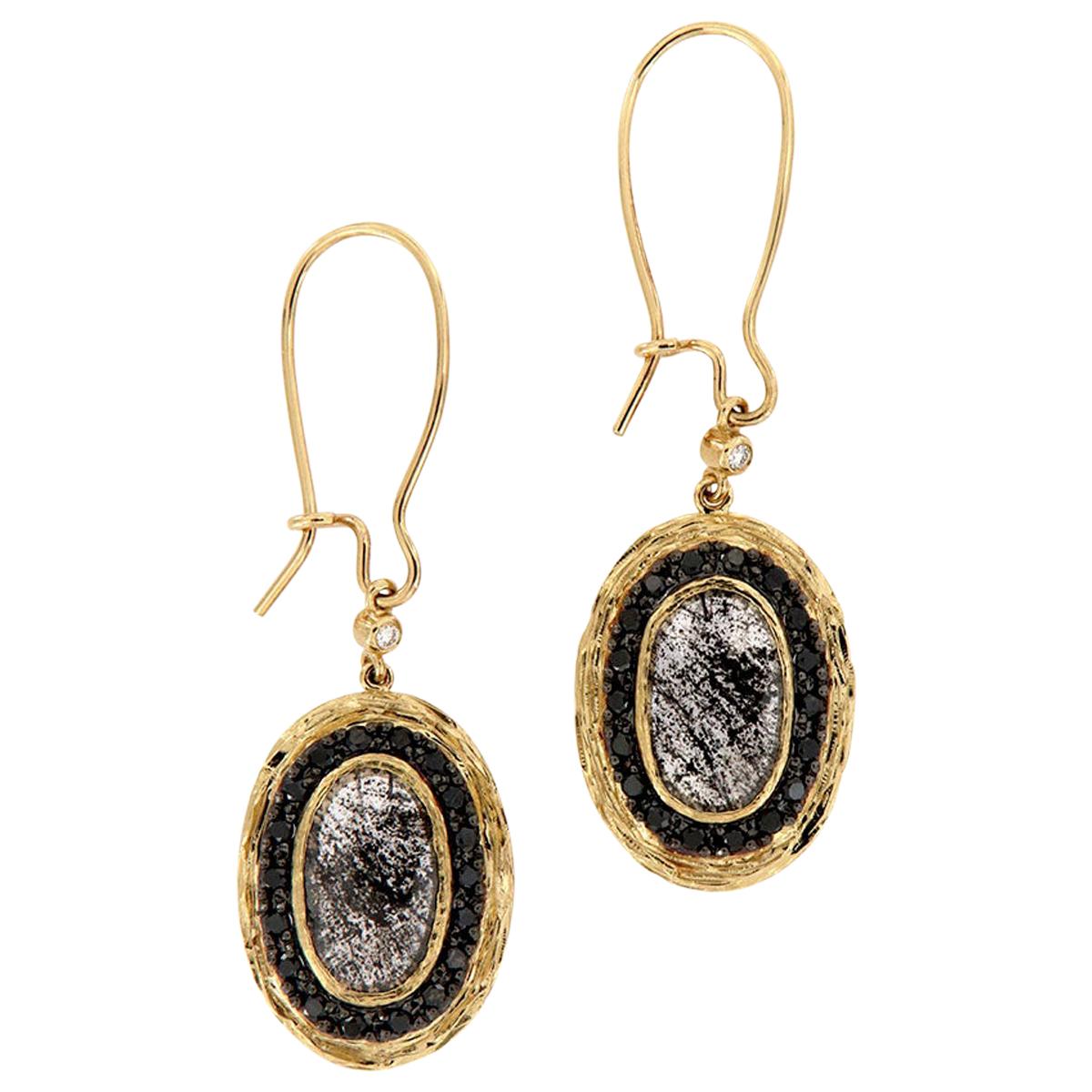 14K Yellow Gold Oval Salt & Pepper & Black Diamond Dangling Earrings 9.72 Carat For Sale