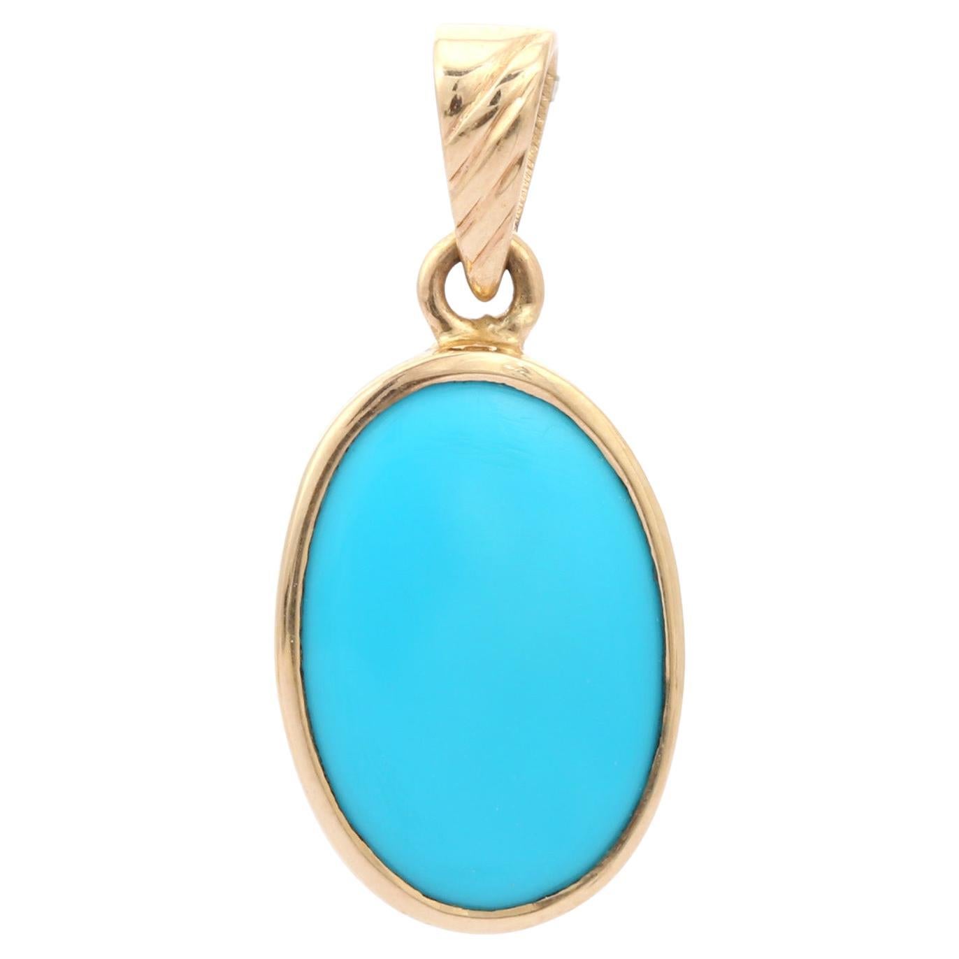 Turquoise pendant in 14K Gold. It has a oval cut gemstone that completes your look with a decent touch. Pendants are used to wear or gifted to represent love and promises. It's an attractive jewelry piece that goes with every basic outfit and
