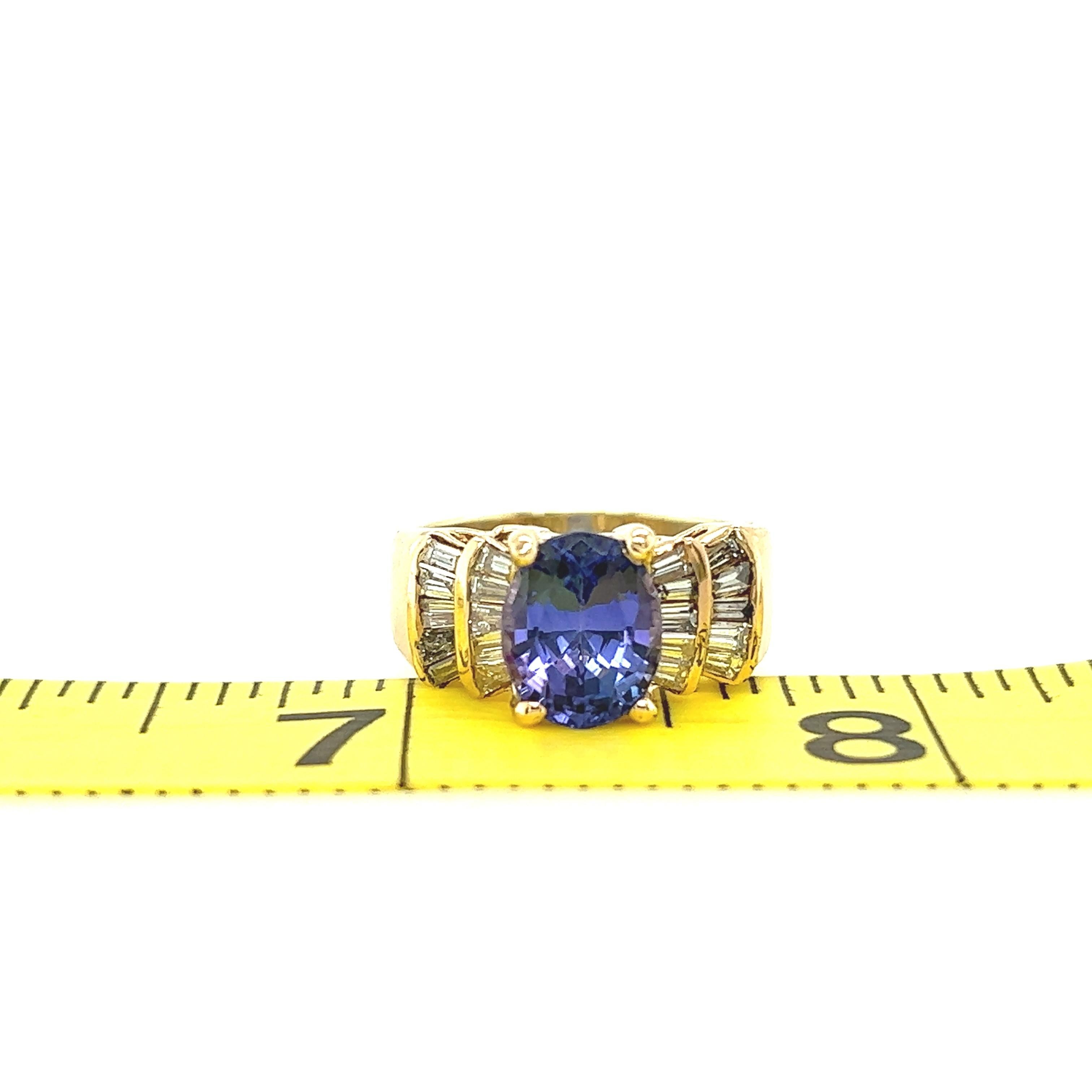 14k Yellow Gold Oval Tanzanite and Baguette Diamond Ring 1