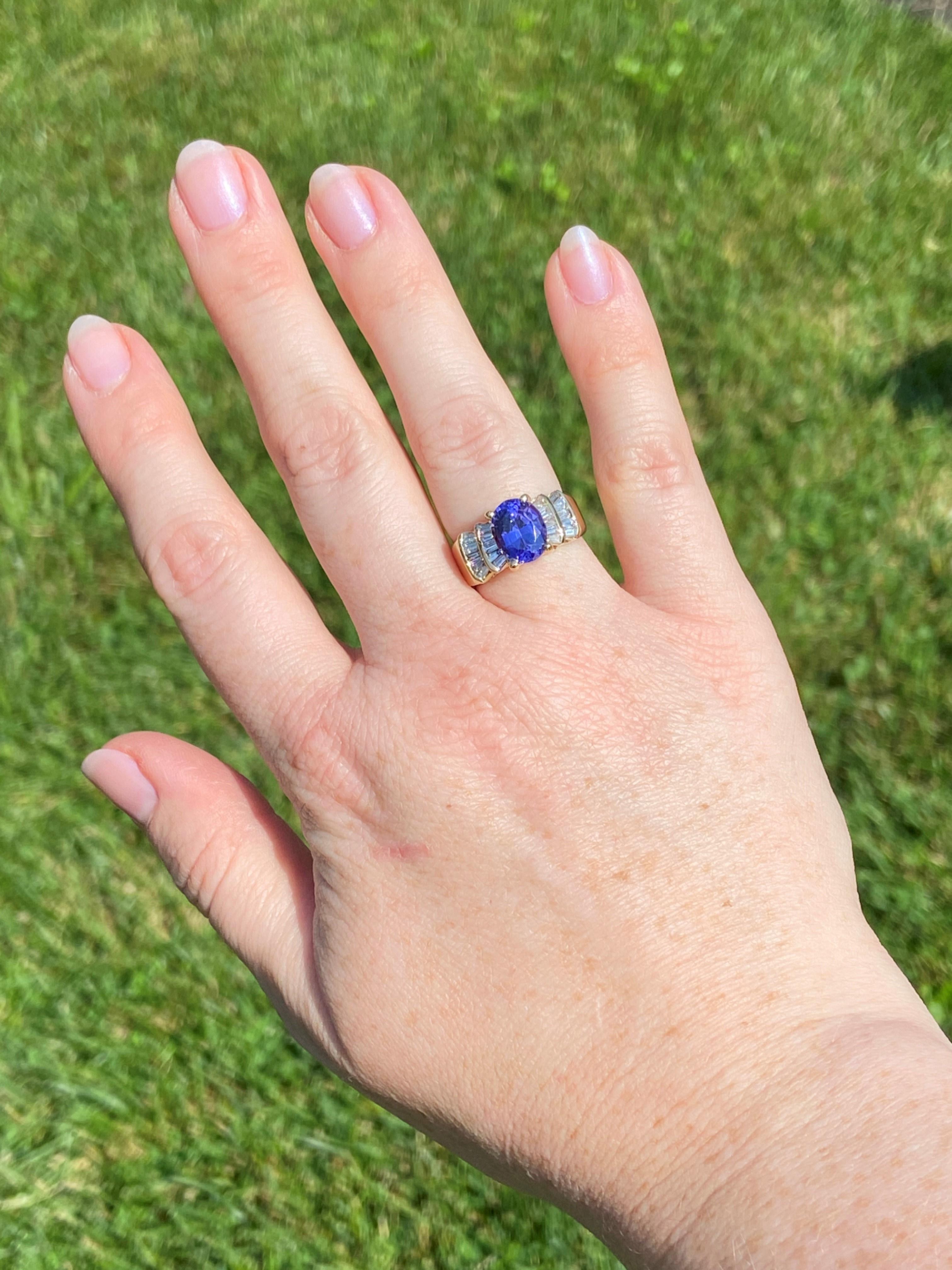 14k Yellow Gold Oval Tanzanite and Baguette Diamond Ring 2