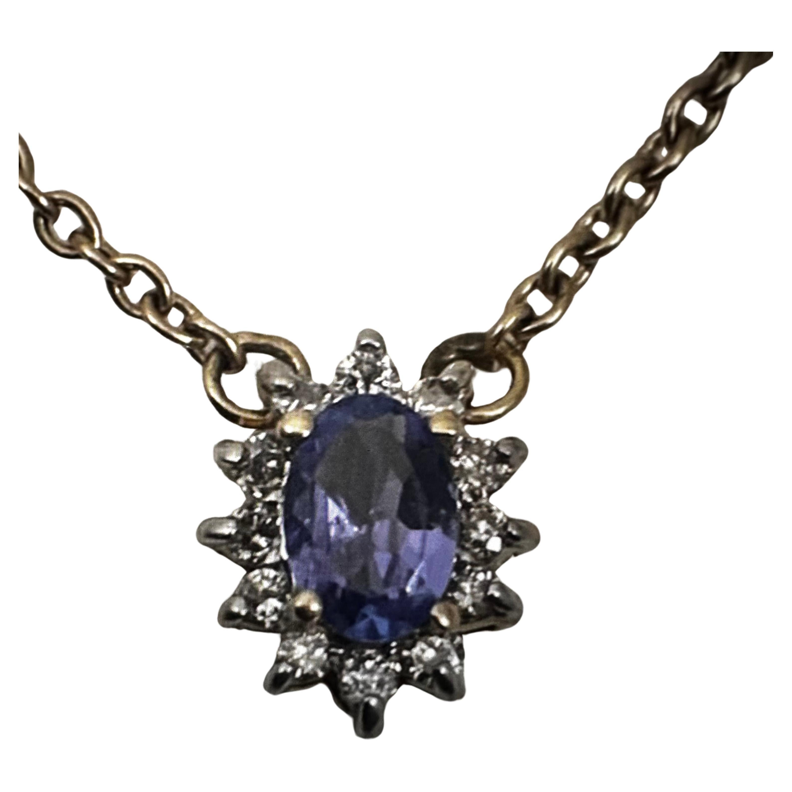 14k Yellow Gold ~ Oval Tanzanite Diamond Pendant 17" Rolo Chain Necklace For Sale