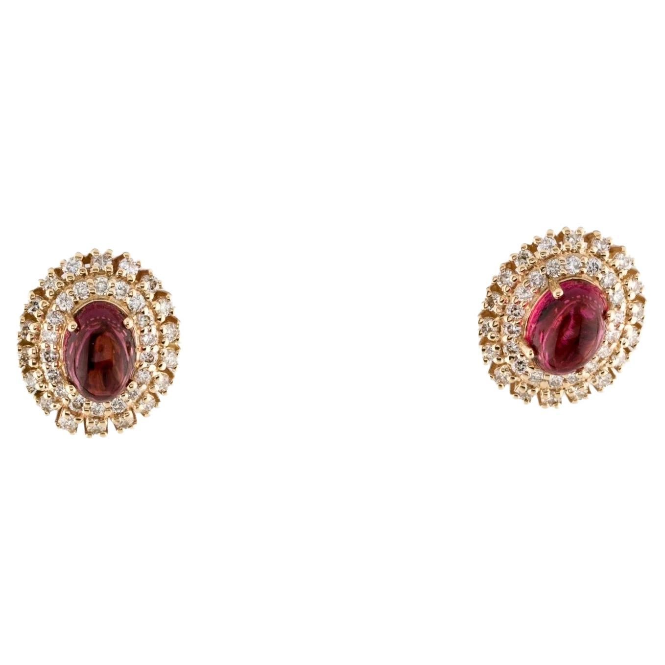 14K Yellow Gold Oval Tourmaline Cabochon & Diamond Stud Earrings
