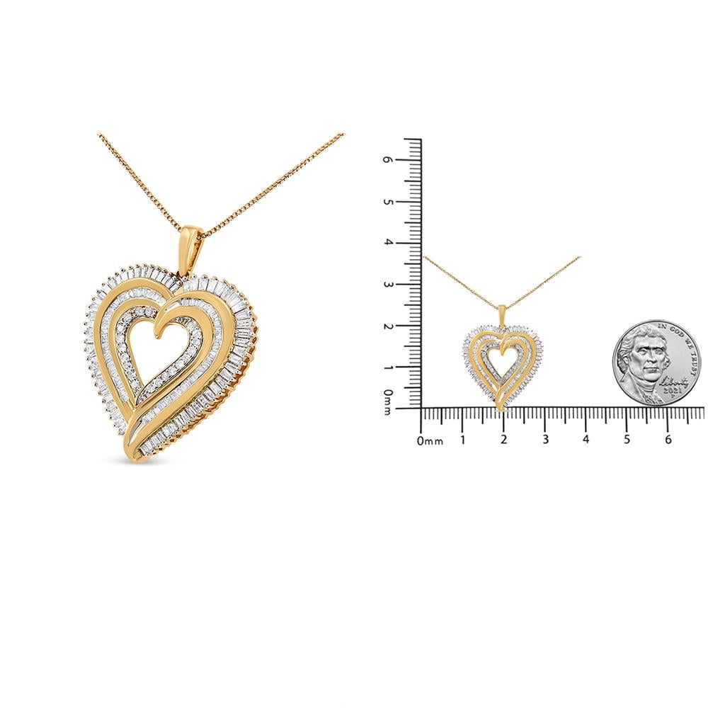 Baguette Cut 14K Yellow Gold over Silver 1 1/2 Carat Diamond Composite Heart Pendant Necklace For Sale