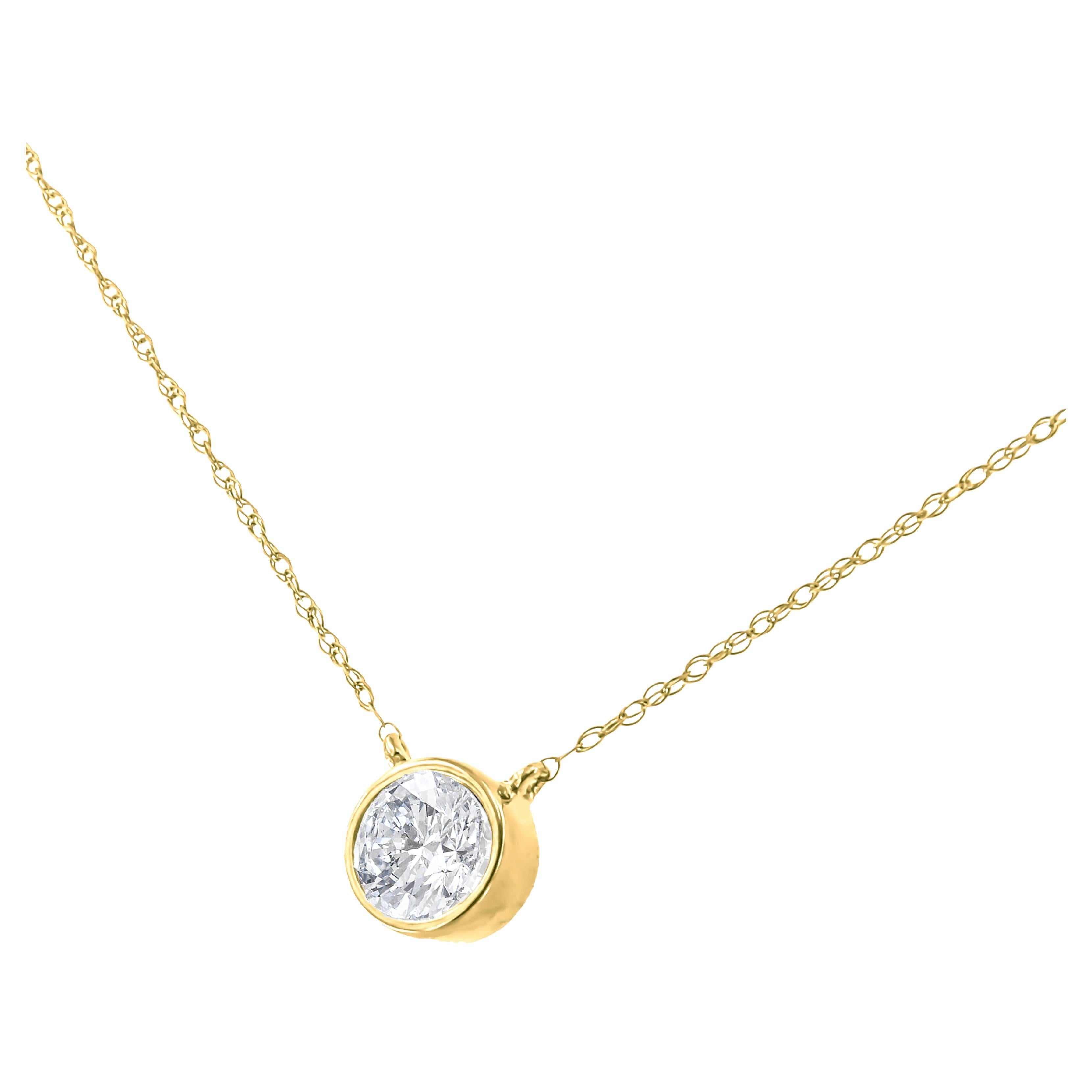 14K Yellow Gold over Silver 1/10 Carat Round-Cut Diamond Bezel Pendant Necklace For Sale