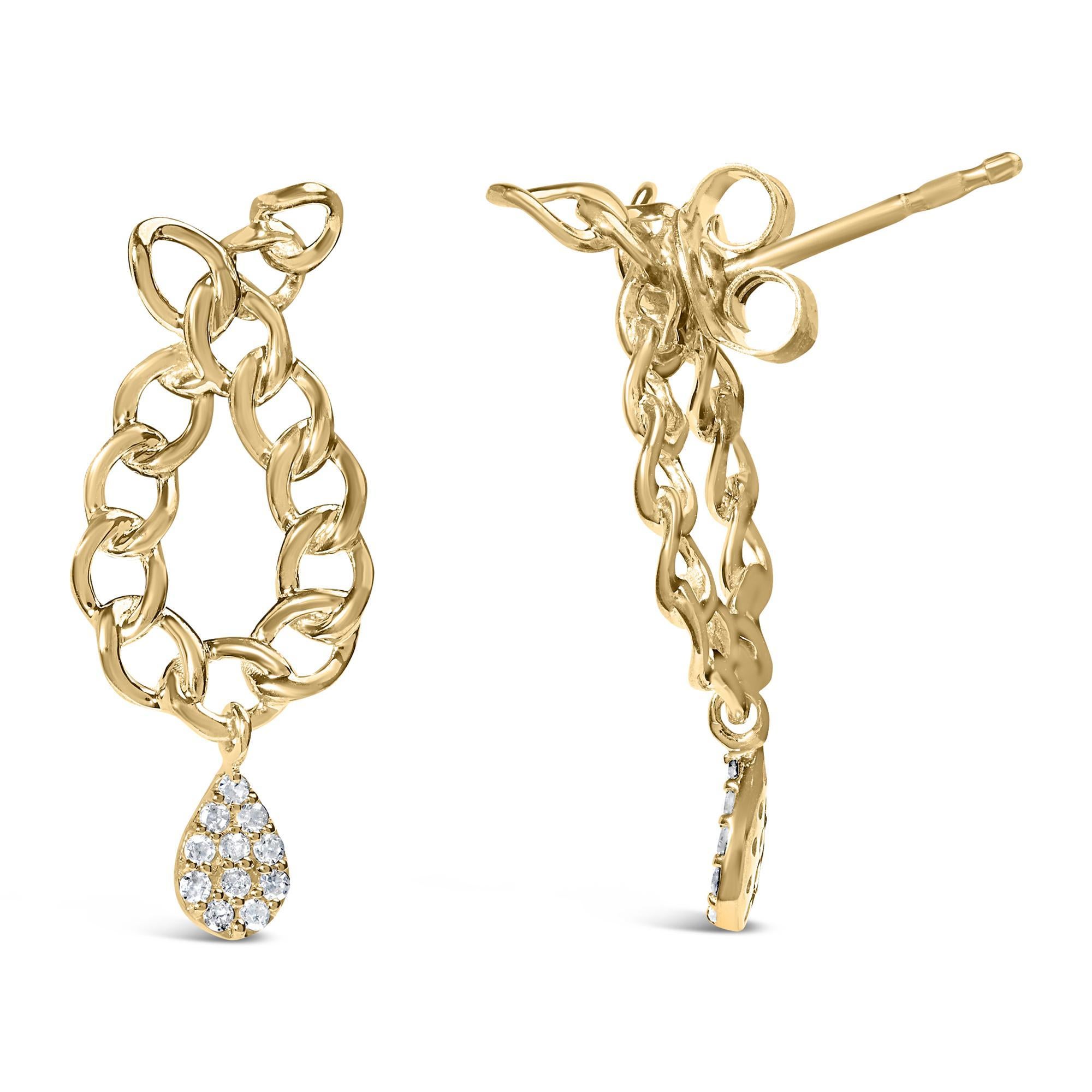 Moderne Boucles d'oreilles pendantes en or jaune 14 carats sur argent avec diamants 1/10 cttw et maillons de chaîne en vente