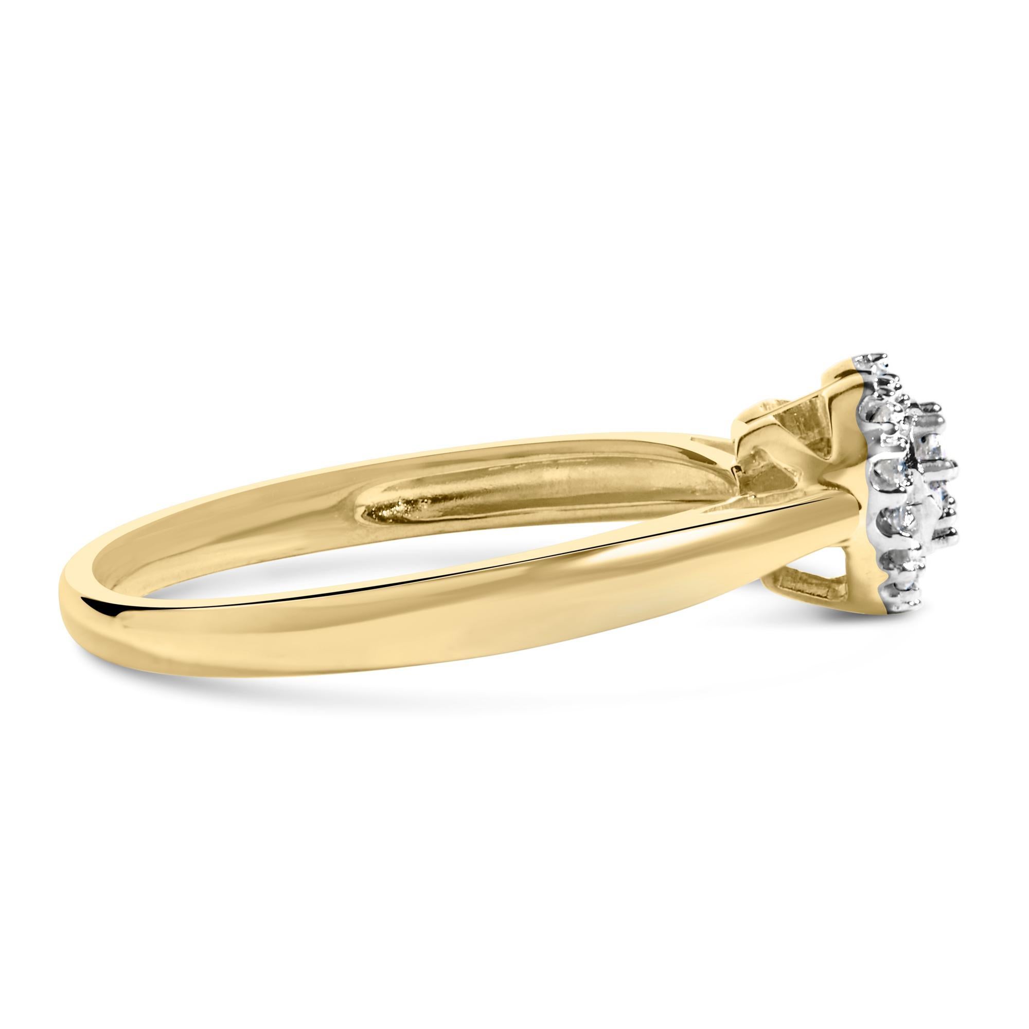 This enchanting engagement ring intertwines classic charm with the sparkle of natural love, destined to capture hearts. Crafted in smooth, 14K yellow gold-plated .925 sterling silver, this piece features a romantically heart-shaped centerpiece.