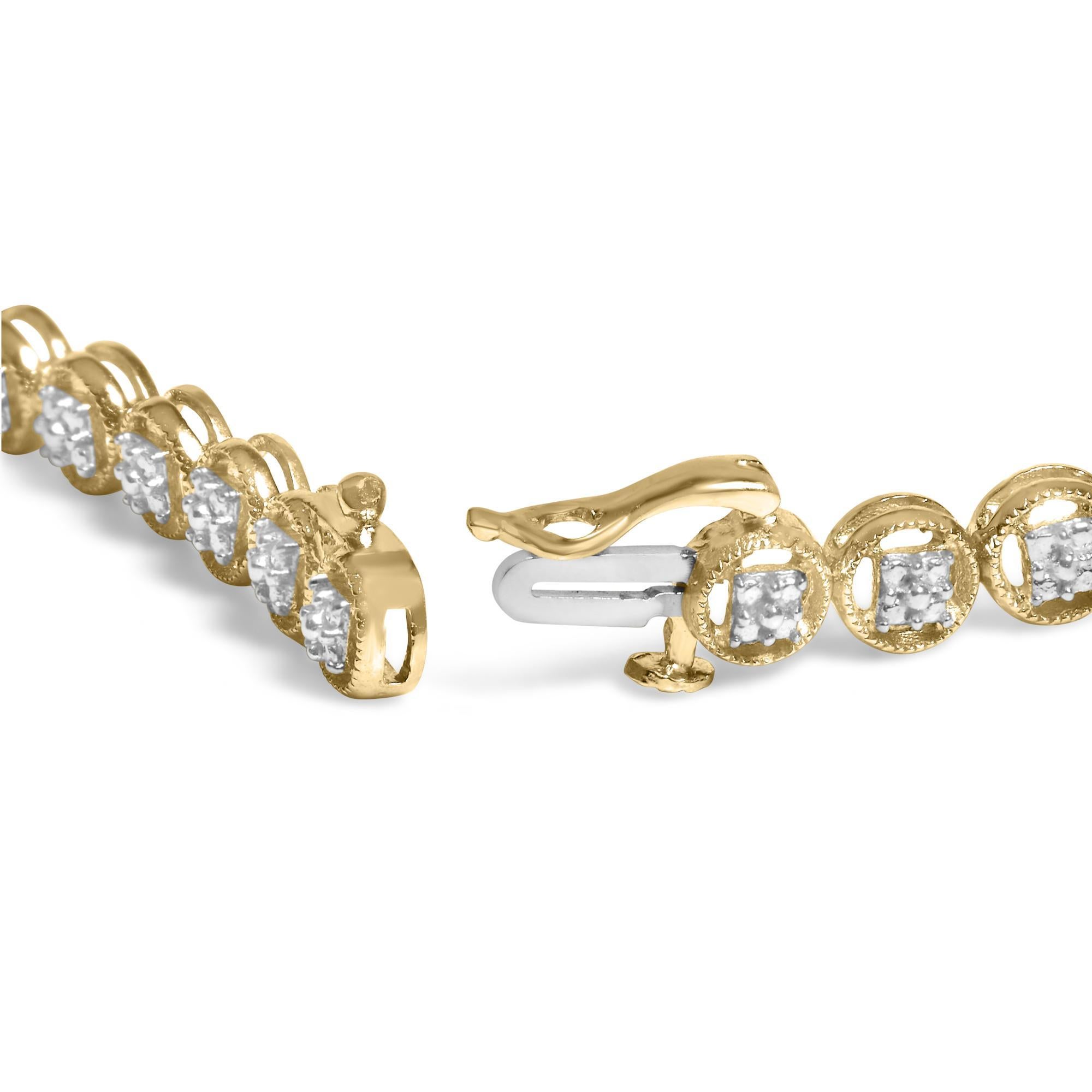 Imbued with the glow of 14K yellow gold plating over impeccable .925 sterling silver, this tennis bracelet marries modern sophistication with a whisper of vintage charm. Each link features a lustrous open circle, cradling a natural diamond with I-J