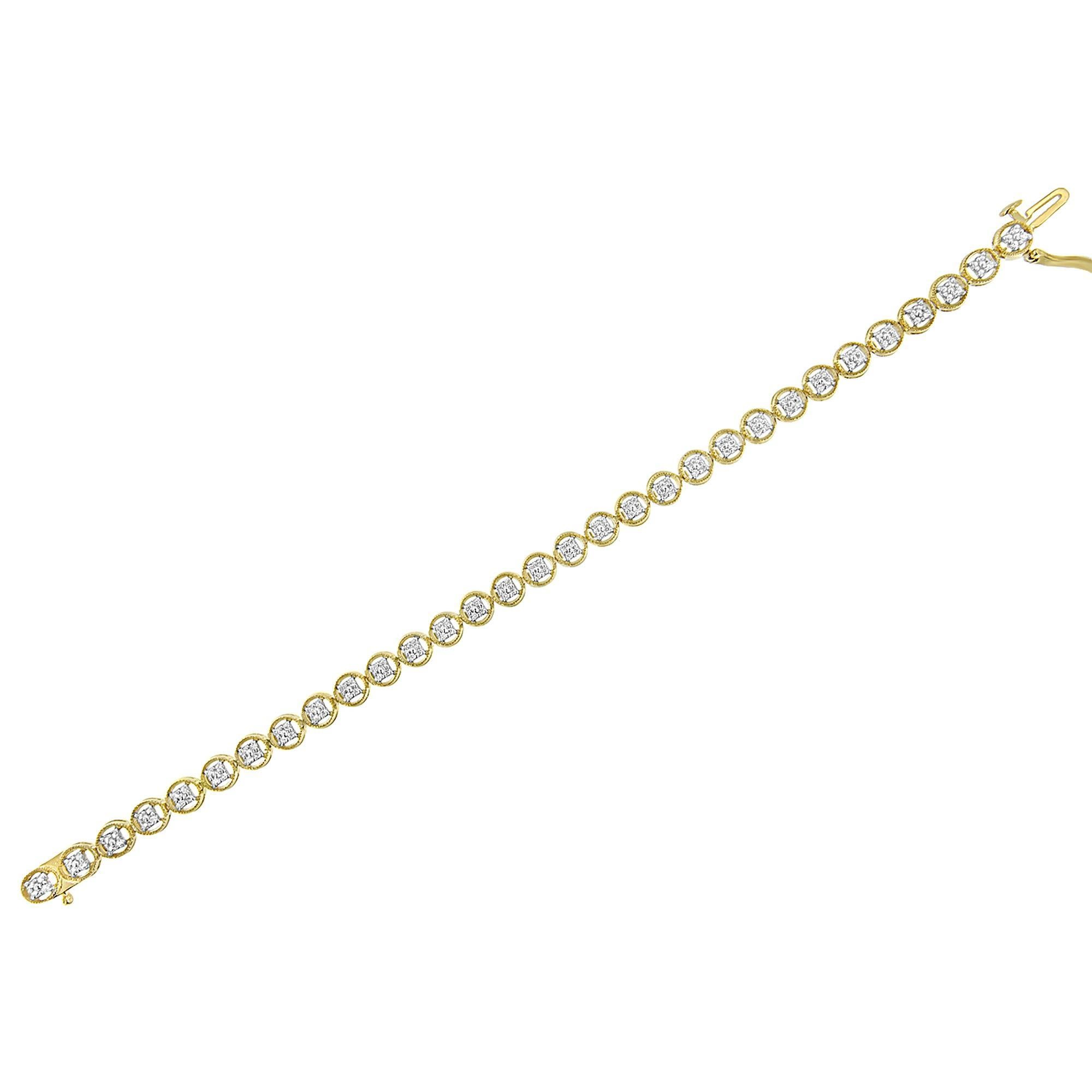 Round Cut 14K Yellow Gold Over Silver 1/10 Cttw Diamond Open Circle Beaded Tennis Bracelet For Sale