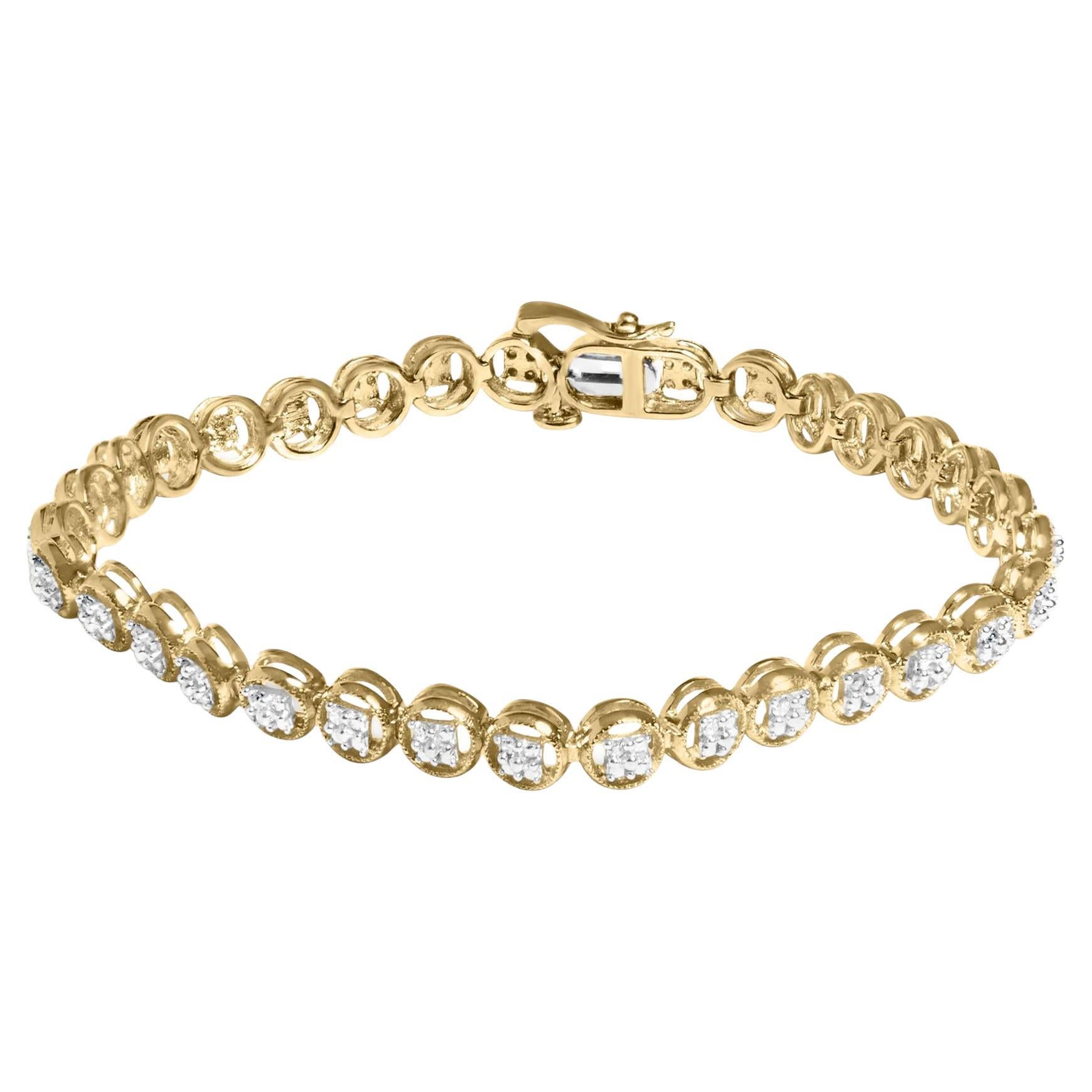 14K Yellow Gold Over Silver 1/10 Cttw Diamond Open Circle Beaded Tennis Bracelet For Sale