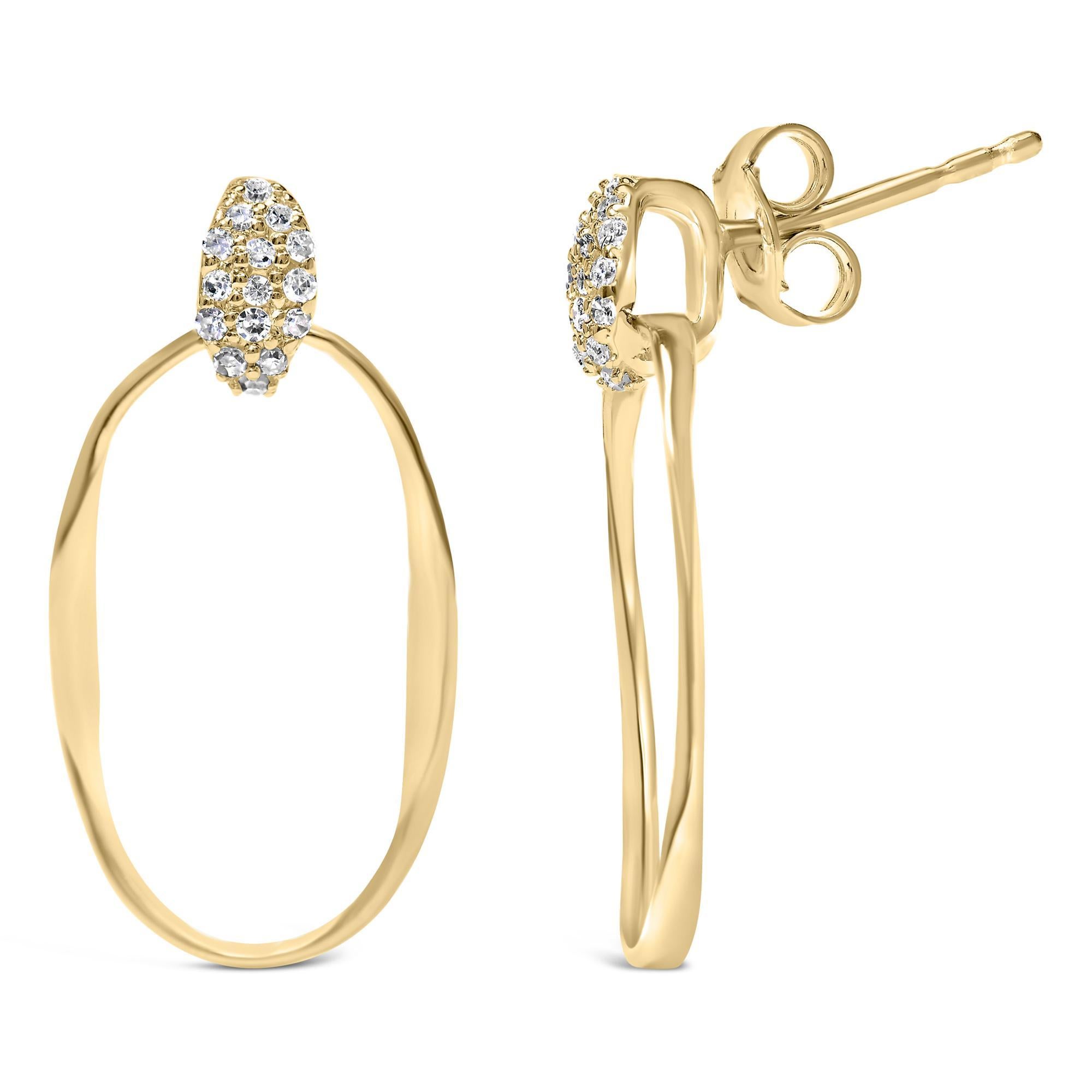 14K Gelbgold über Silber 1/10 Cttw Diamant strukturierte offene ovale Ohrhänger (Moderne) im Angebot