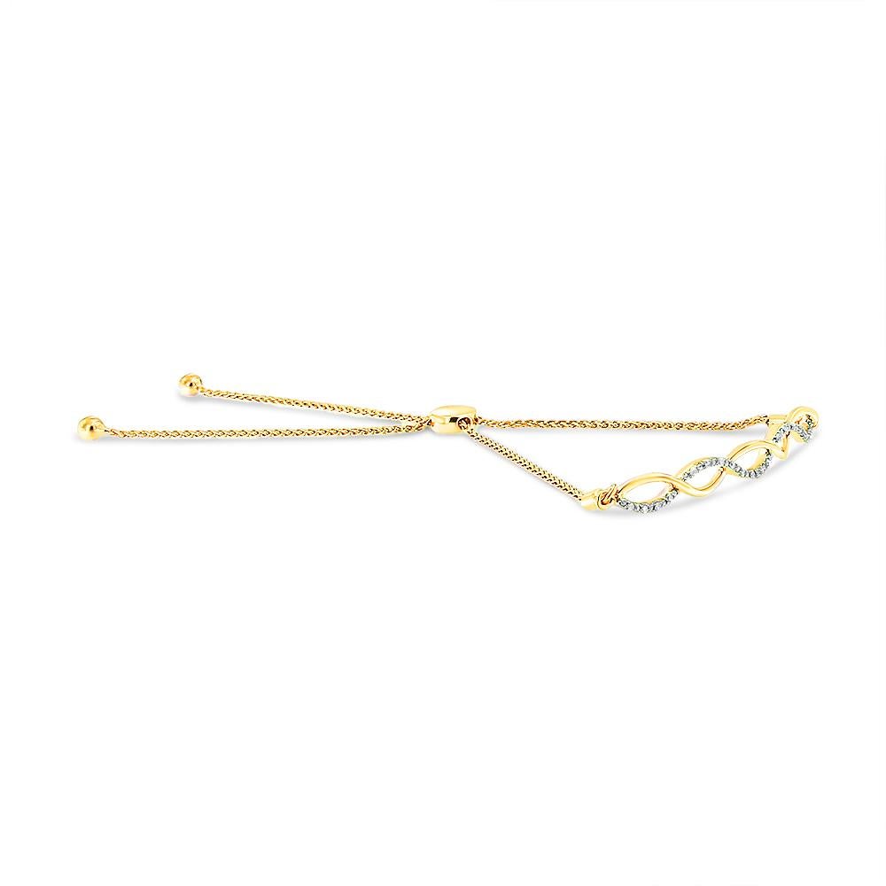 Moderne Bracelet Bolo en or jaune 14 carats sur argent avec diamants de 1/10 carat, torsion d'infinie de 4 à 10 pouces en vente
