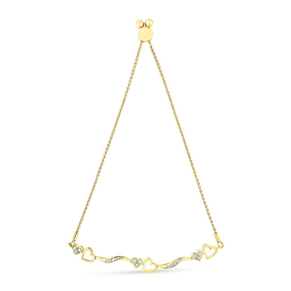 Moderne Bracelet Bolo réglable en or jaune 14 carats sur argent avec diamants 1/10 carat en forme de vague et de cœur