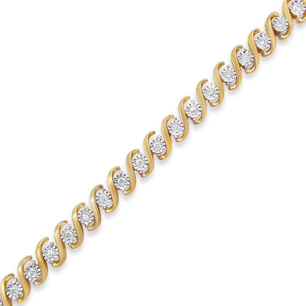 Contemporary 14K Yellow Gold over Silver 1/2 Carat Round Diamond S-Curve Tennis Bracelet For Sale