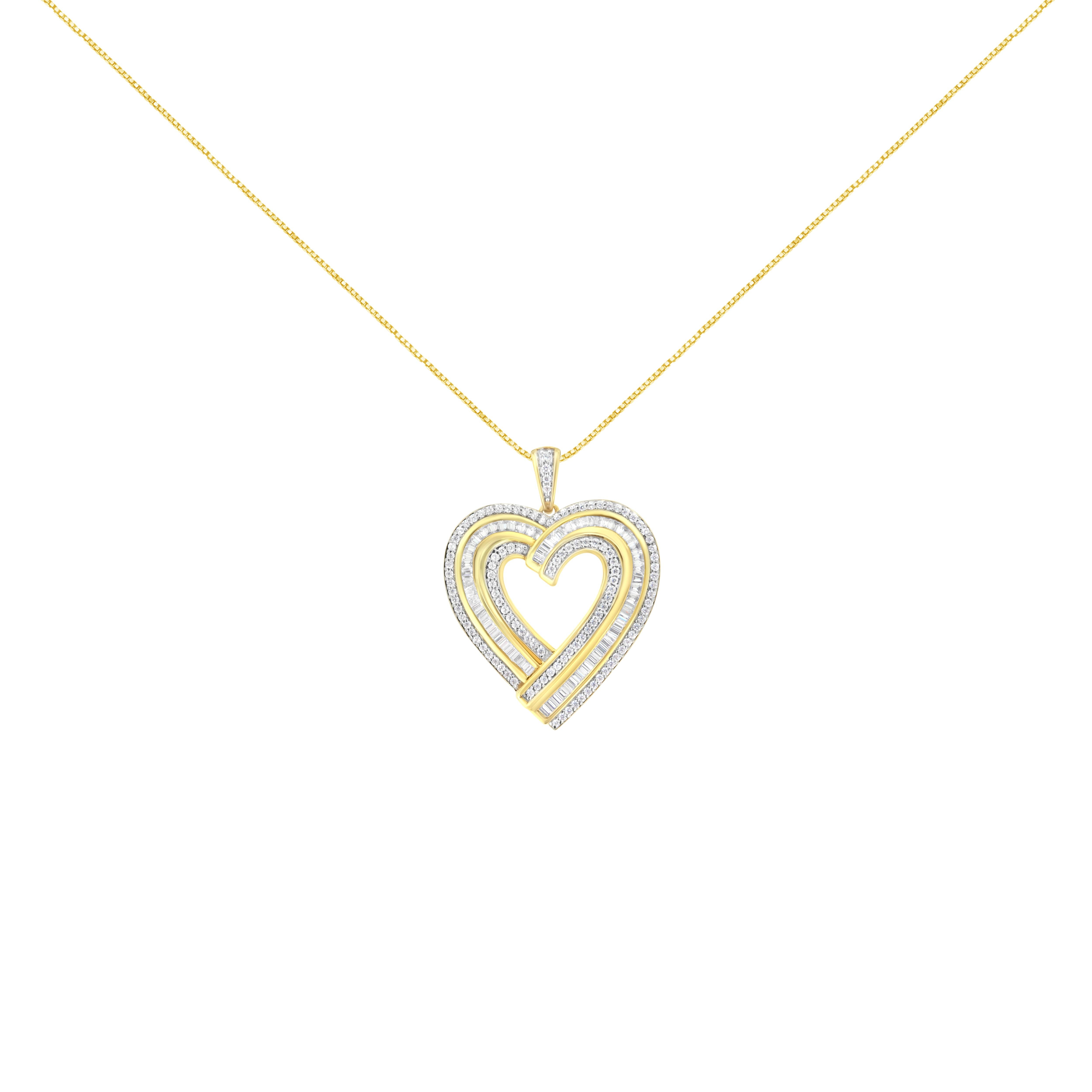 A glamourous twist on a classic design, this heart pendant has an impressive total carat weight of 1 3/8 c.t. The composite design is embellished with natural, baguette-cut diamonds. The stones are set in genuine .925 sterling silver, plated with