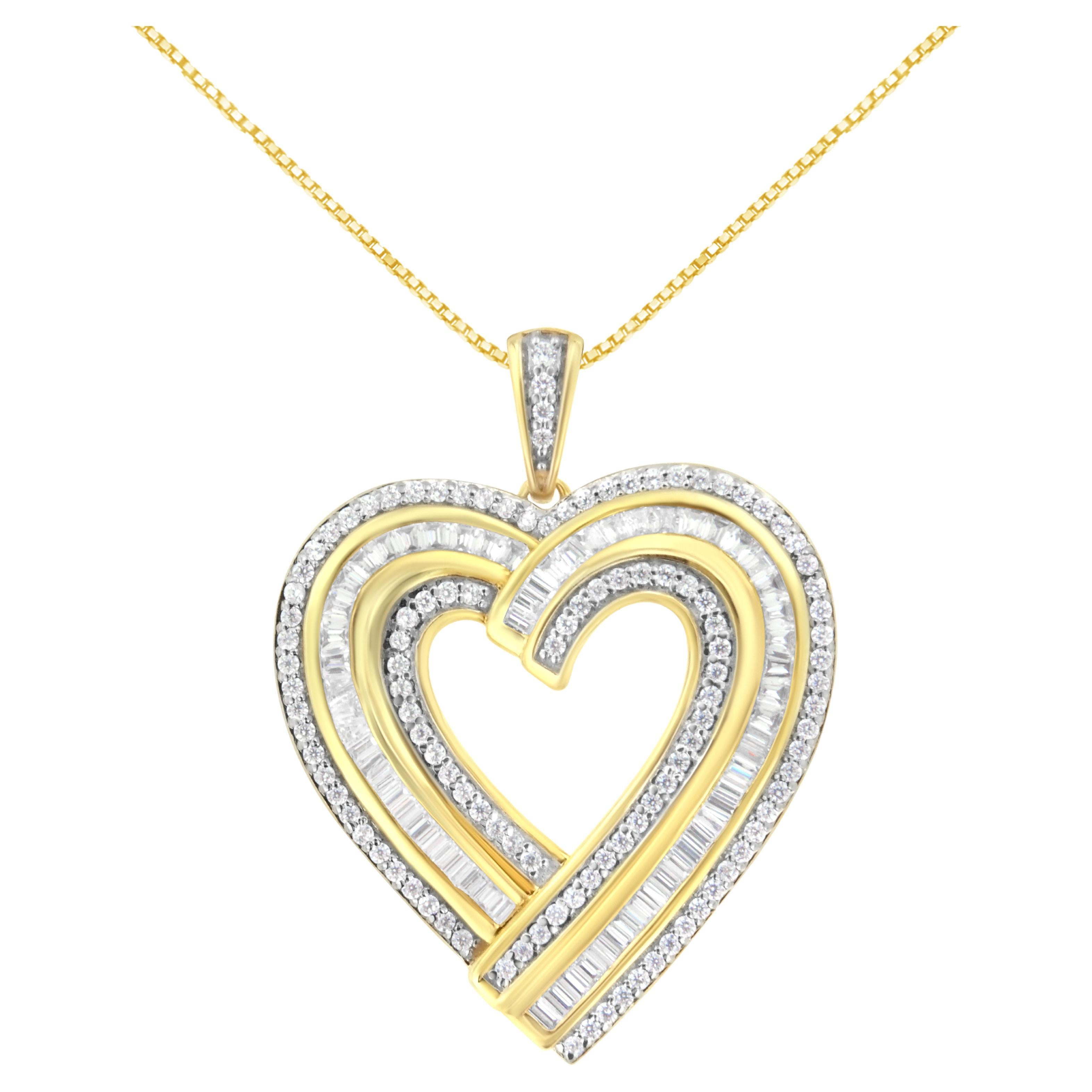 14K Yellow Gold over Silver 1 3/8 Carat Baguette Diamond Composite Heart Pendant For Sale