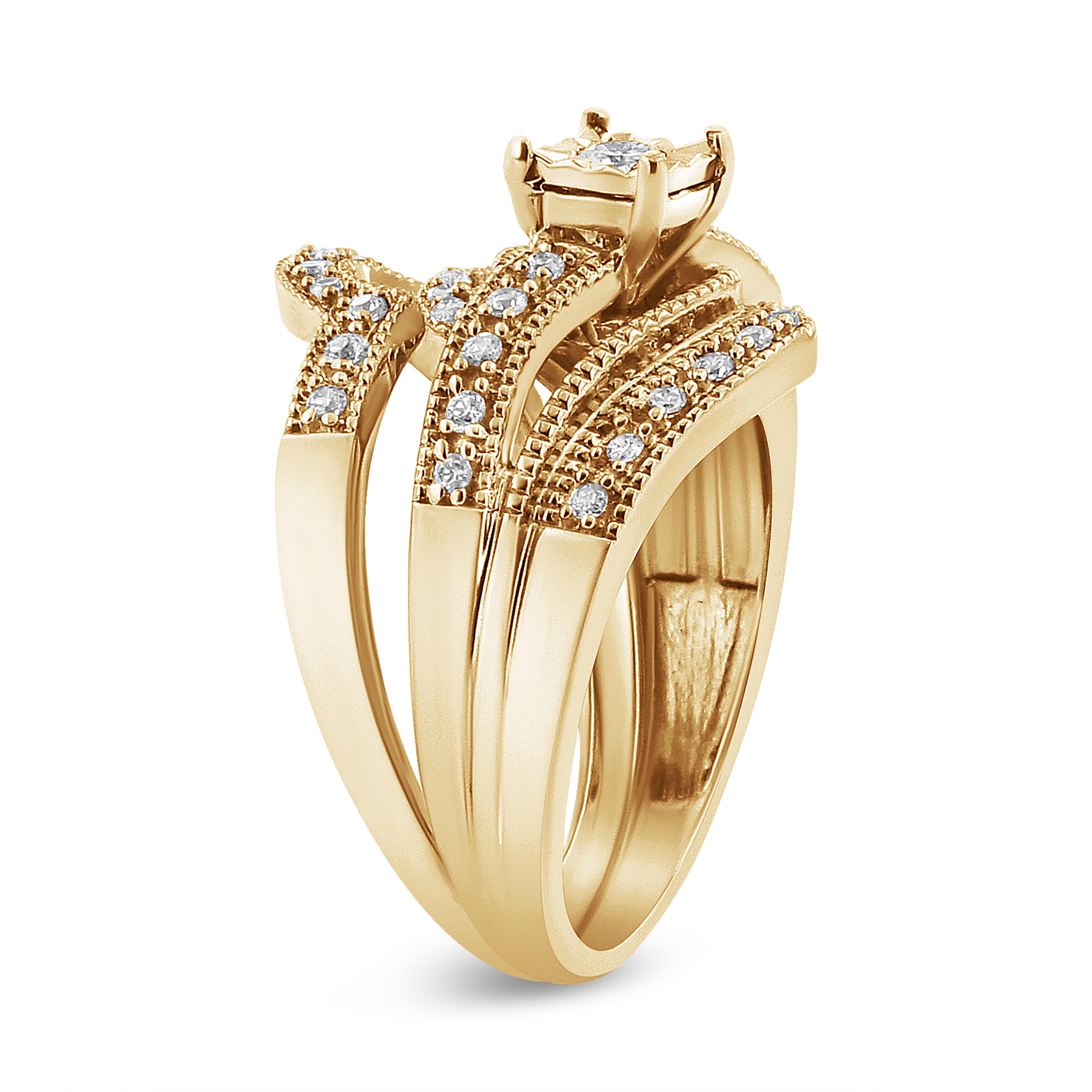 For Sale:  14K Yellow Gold Over Silver 1/3 Ct Diamond Crisscross Engagement Ring Bridal Set 2