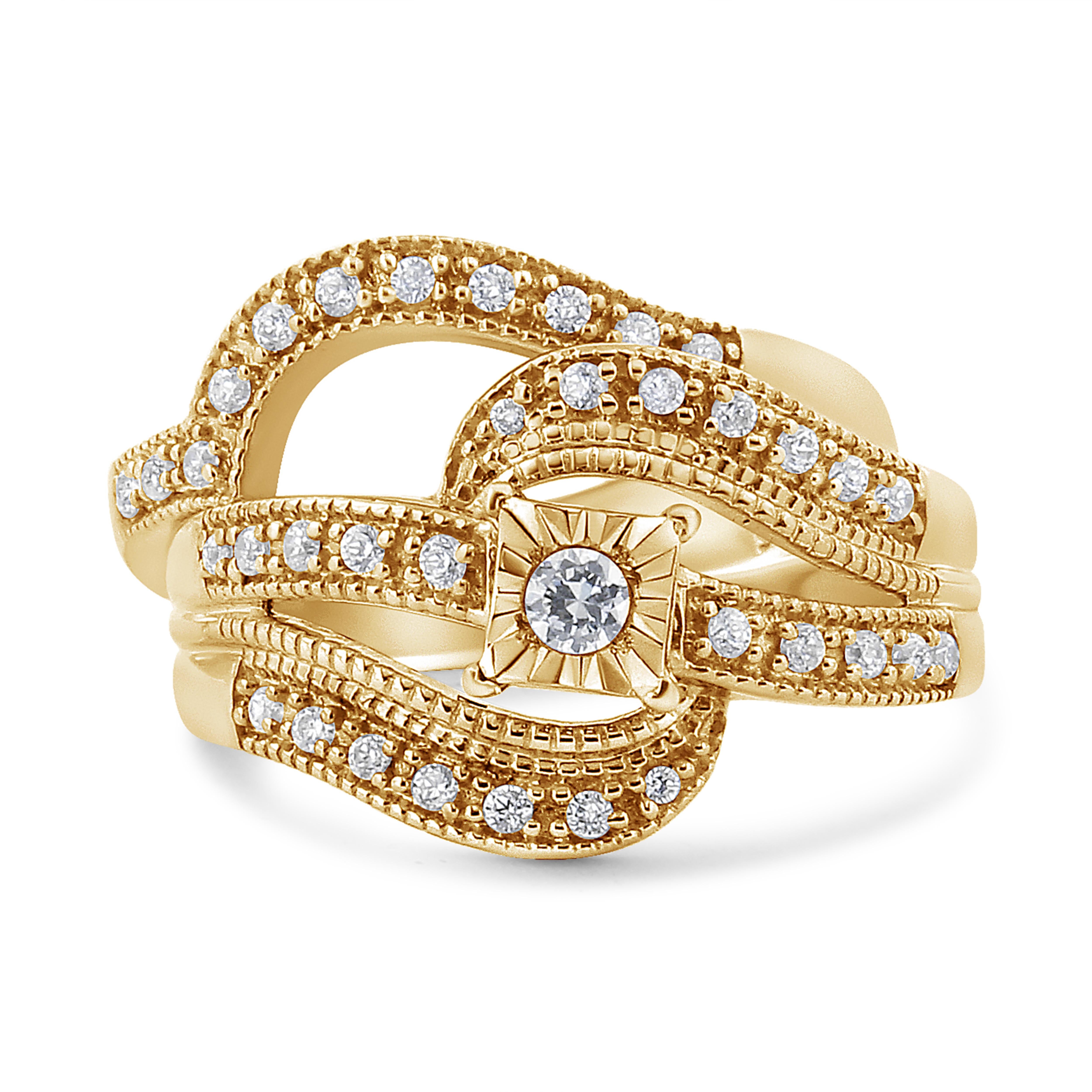 For Sale:  14K Yellow Gold Over Silver 1/3 Ct Diamond Crisscross Engagement Ring Bridal Set 3