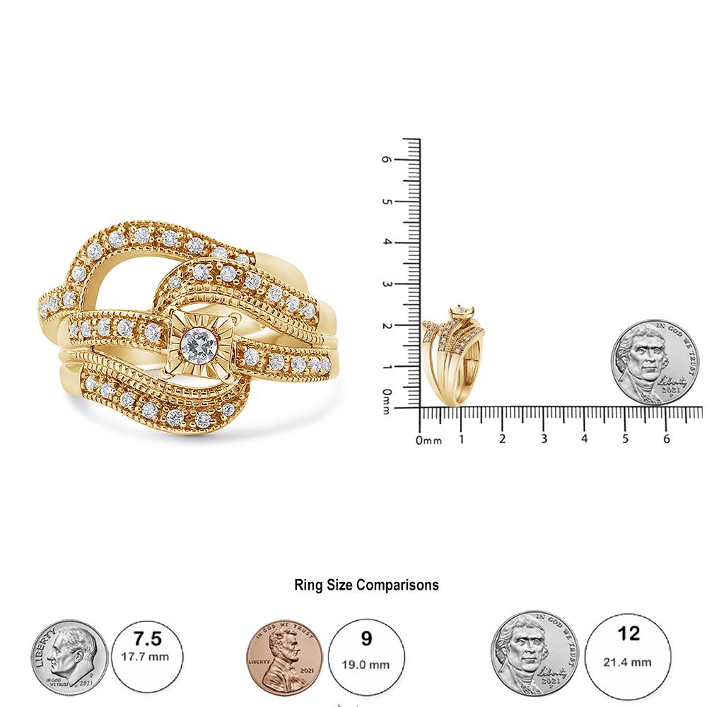 For Sale:  14K Yellow Gold Over Silver 1/3 Ct Diamond Crisscross Engagement Ring Bridal Set 5