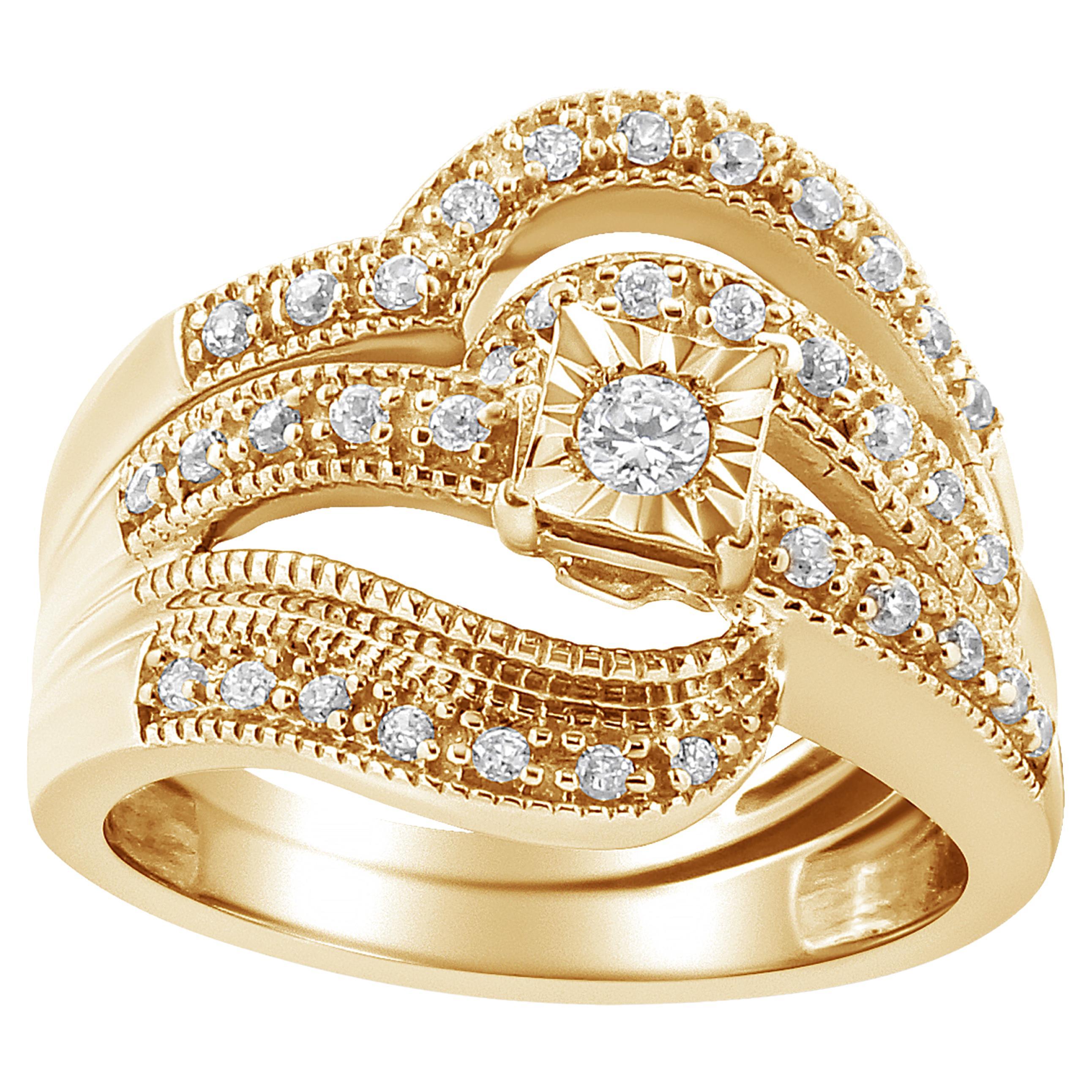 14K Yellow Gold Over Silver 1/3 Ct Diamond Crisscross Engagement Ring Bridal Set