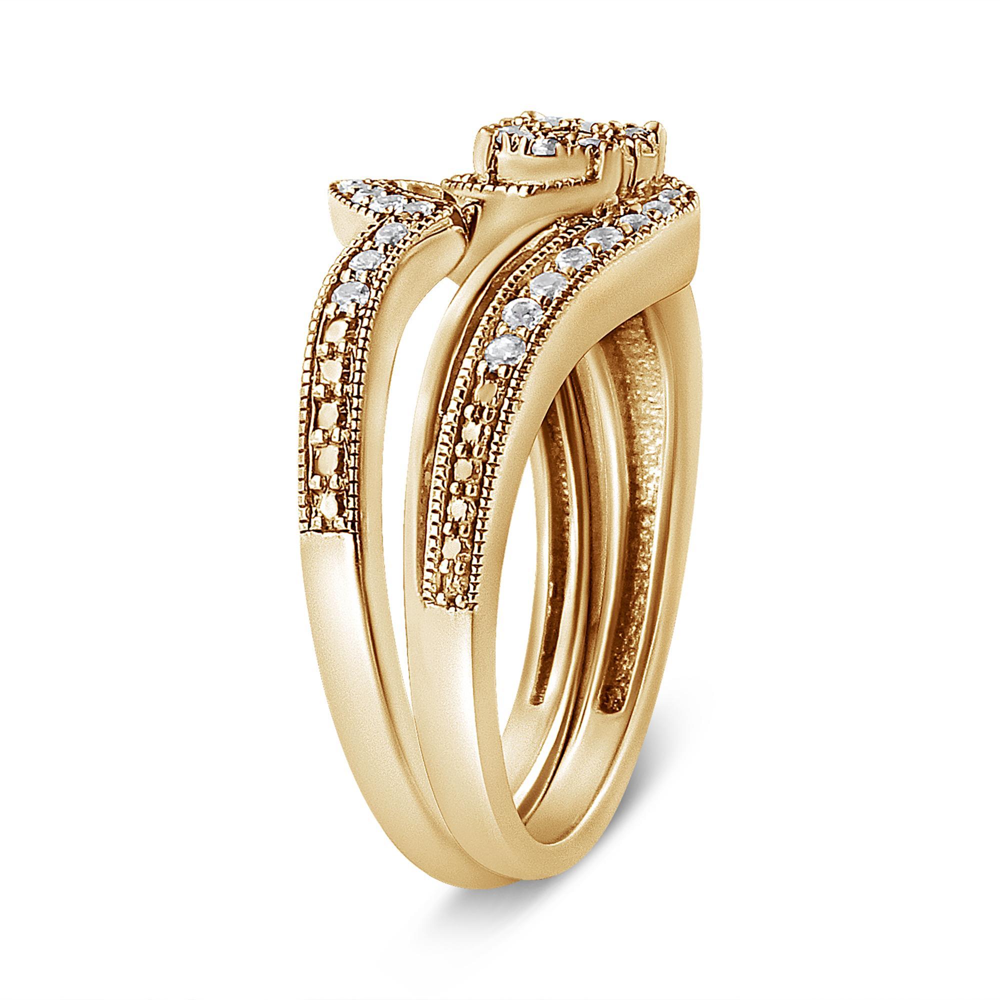 14K Yellow Gold over Silver 1/3ct Multi-Diamond Bypass Bridal Set Ring and Band Moderno en venta