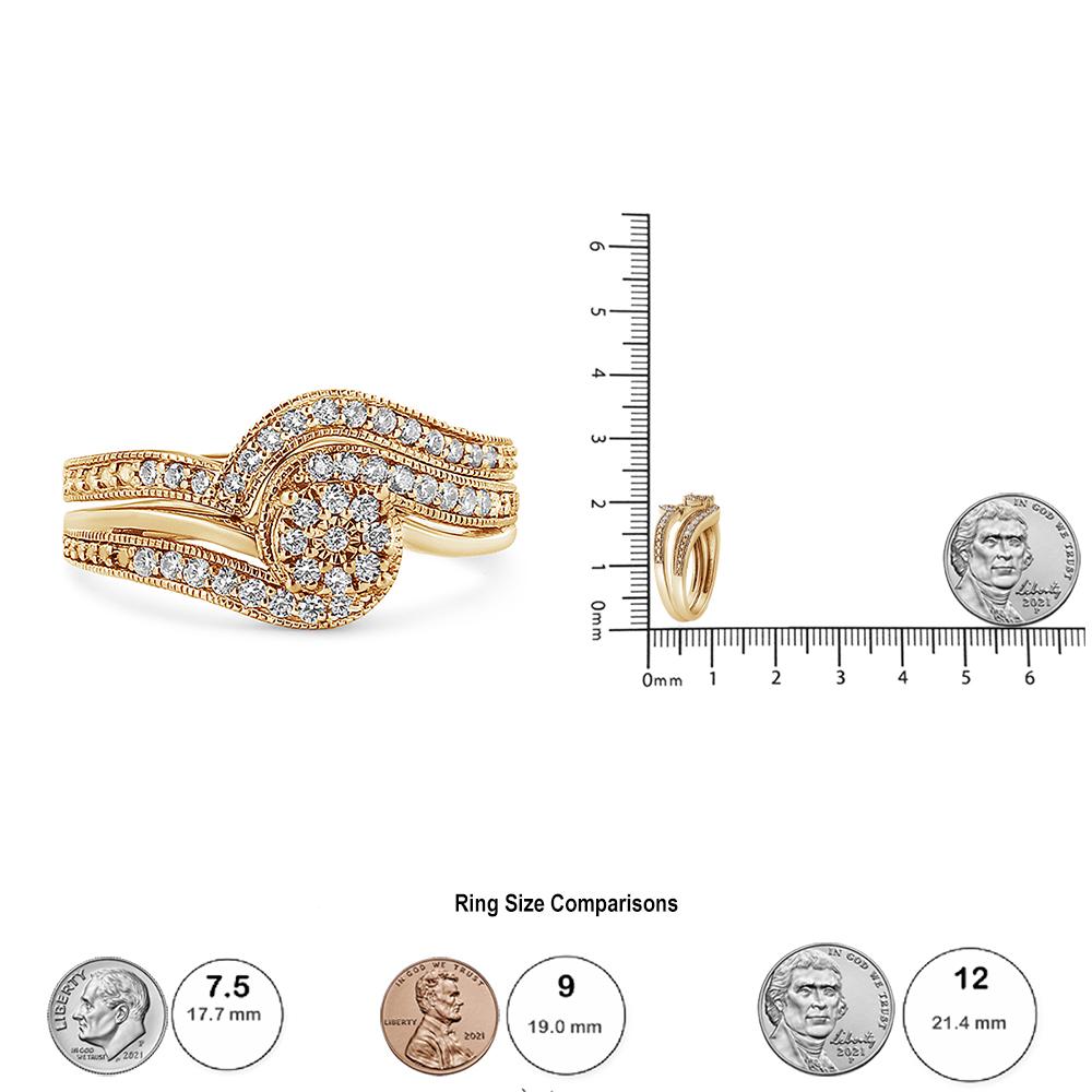 Donna Anello e fascia da sposa bypass multidiamante in oro giallo 14K e argento da 1/3 di carato in vendita